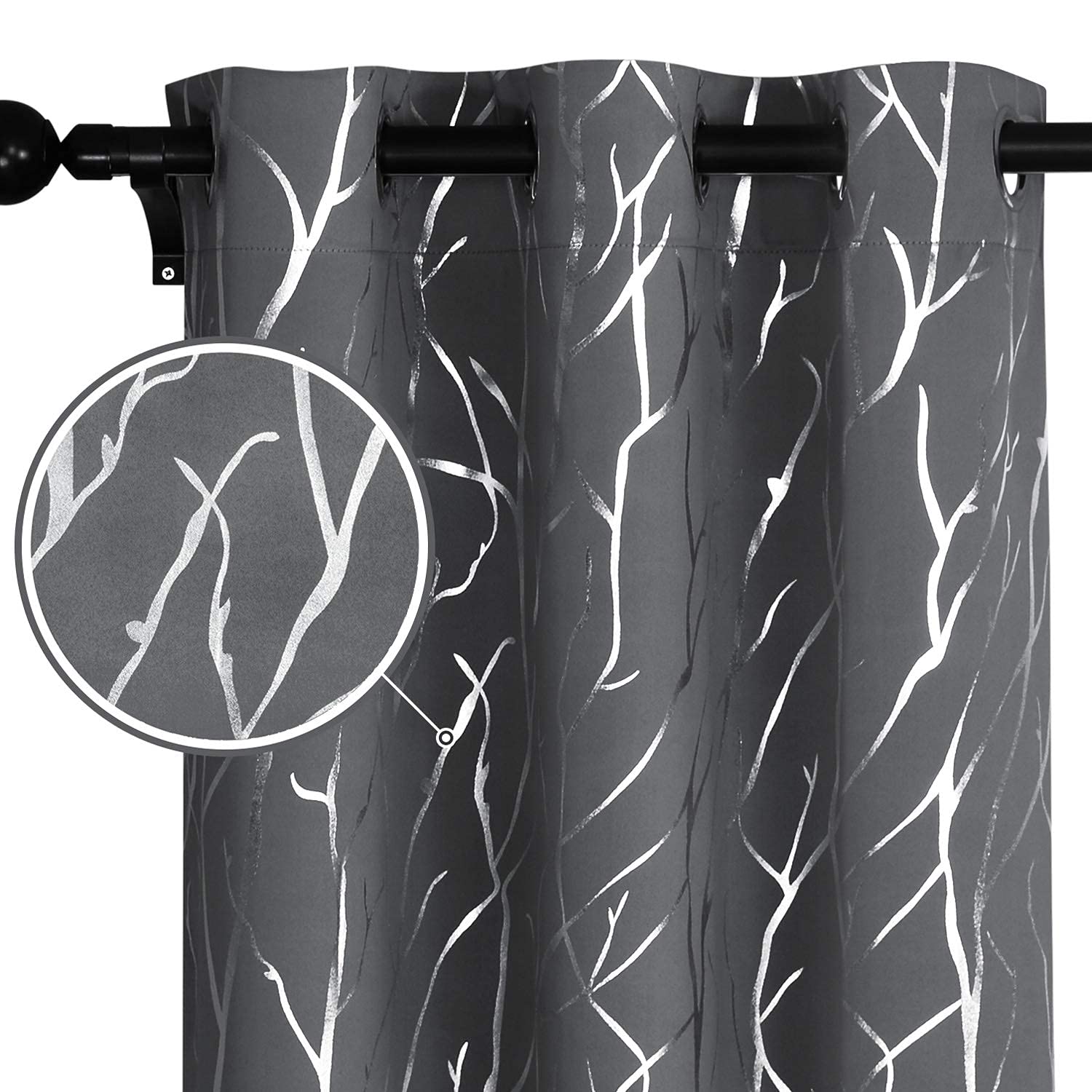 Melodieux Thermal Insulated Room Darkening Blackout Curtains for Living Room Bedroom, Silver Tree Branches Twigs Print Grommet D