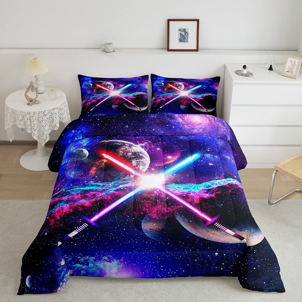 Castle Fairy Lightsaber Comforter Set Queen,Galaxy Universe Planet Bedding Set 3Pcs For Teens Boys Girls Room Decor,Trippy Star