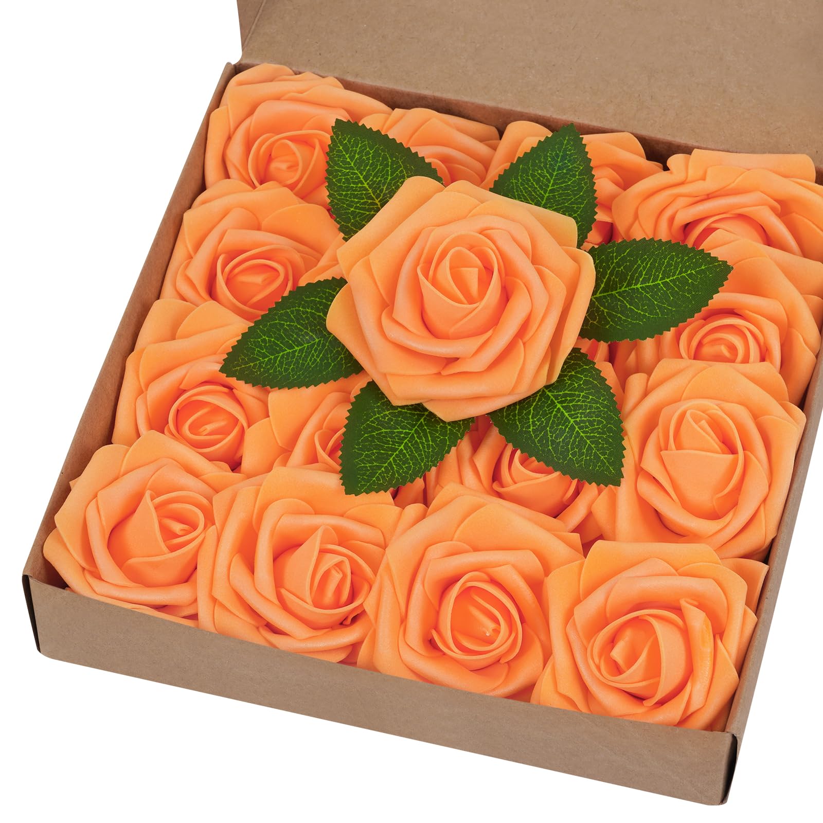 BLEUM CADE 16Pcs Artificial Flowers Fake Roses with Stems, Orange Boxed Foam Roses for DIY Bouquets Centerpieces Wedding Party A
