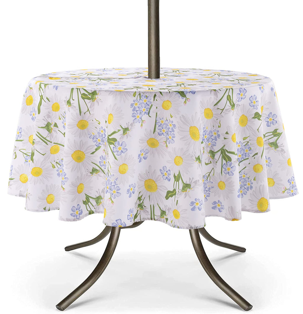 Umineux Outdoor Tablecloth With Umbrella Hole And Zipper, Spring/Summer Waterproof Table Cover For Picnic/Bbq/Garden(60' Round,Daisy)
