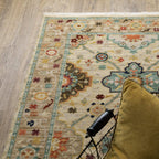 HomeRoots 509199 10 x 13 ft. Beige Pale Blue Rust Gold Tan Brown & Orange Oriental Power Loom Stain Resistant Rectangle Area Rug with Fringe