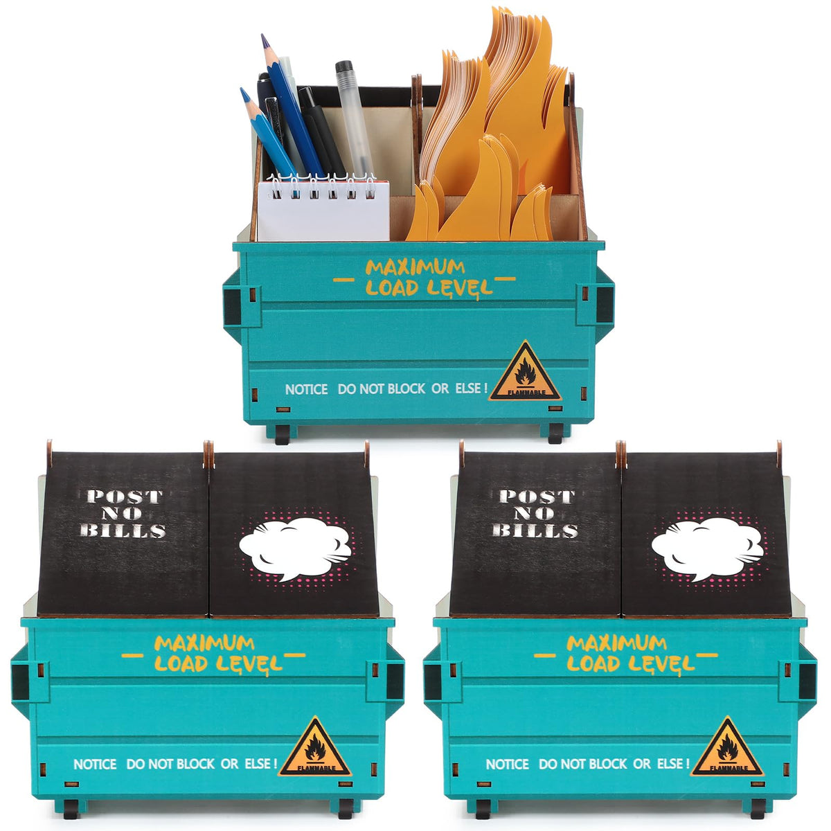Chuangdi 3 Set Dumpster Fire Desk Caddy Desk Dumpster Pencil Holder With 150 Flame Note Cards Office Cute Desk Accessories Decor