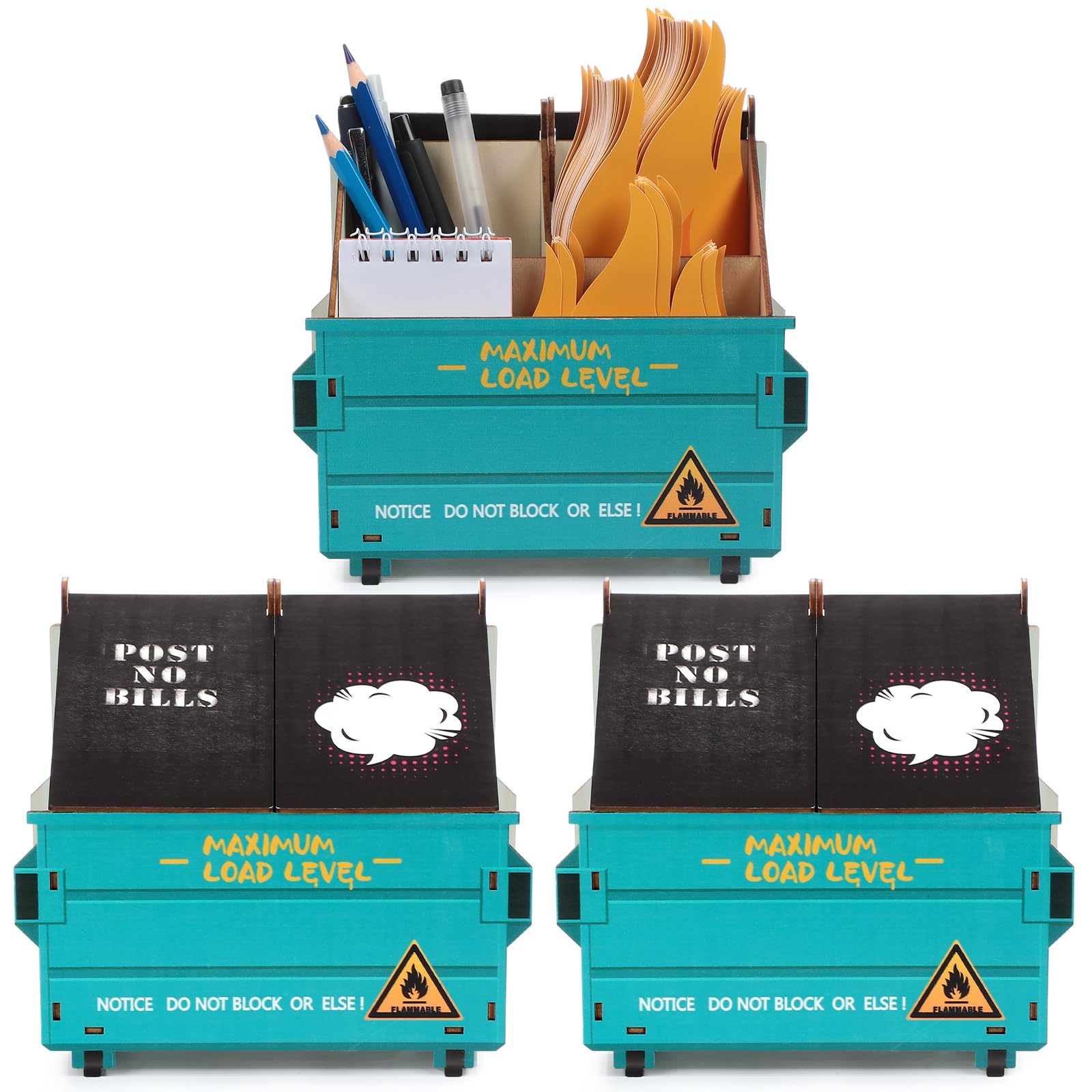 Chuangdi 3 Set Dumpster Fire Desk Caddy Desk Dumpster Pencil Holder With 150 Flame Note Cards Office Cute Desk Accessories Decor