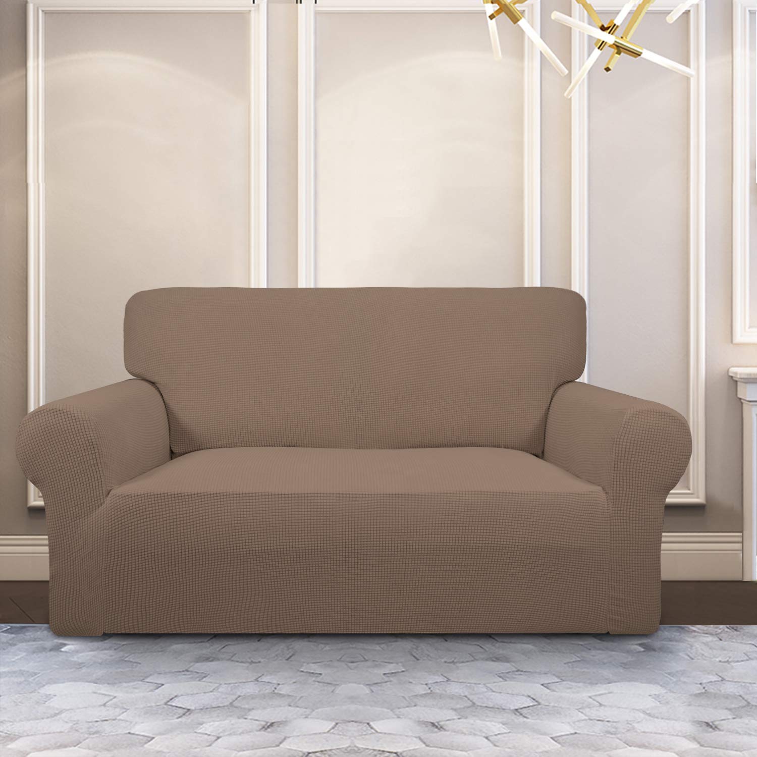 Purefit Stretch Loveseat Sofa Slipcover – Spandex Jacquard Non Slip Soft Couch Sofa Cover, Washable Furniture Protector With Non Skid Foam And Elastic Bottom For Kids (Loveseat, Camel)