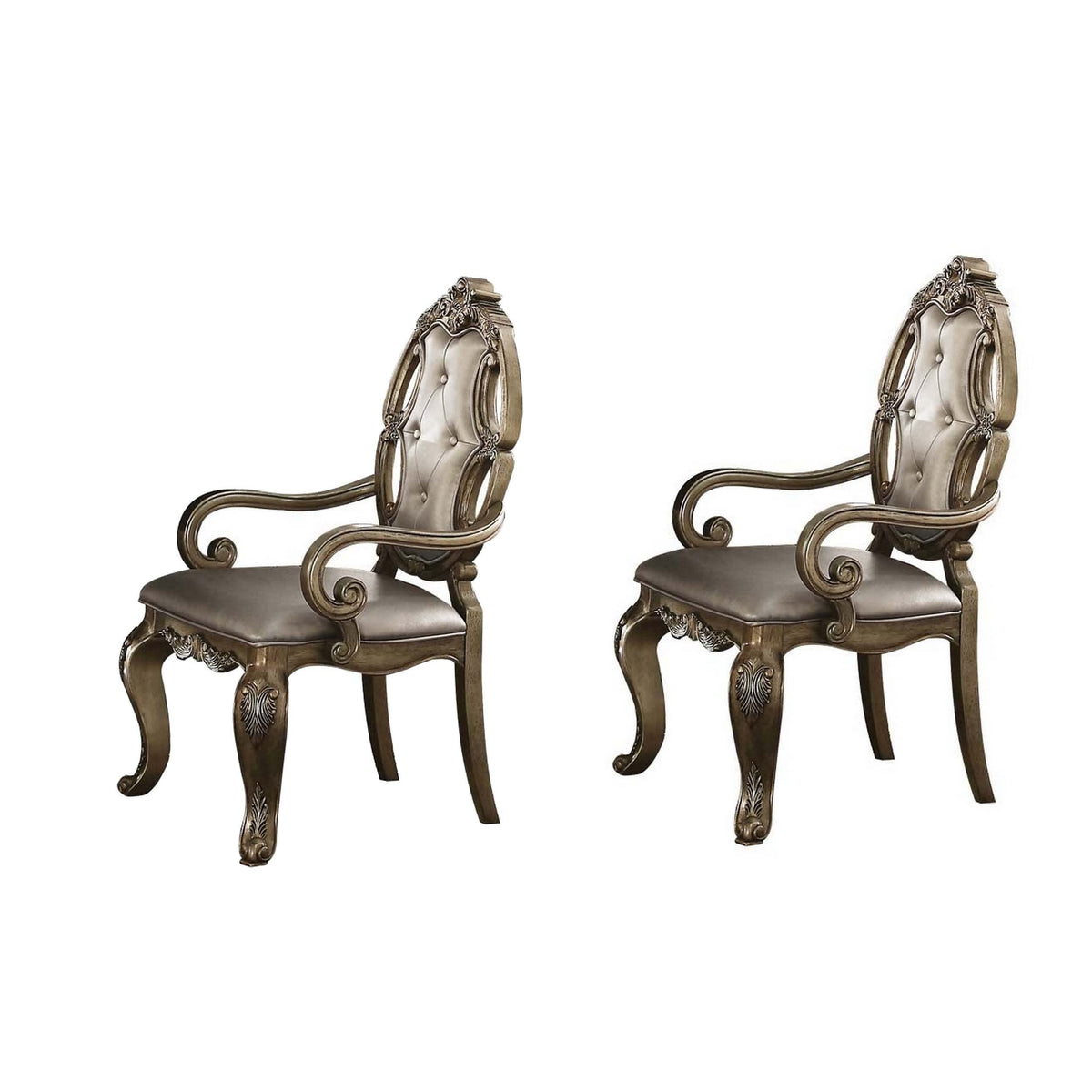 Benjara Wood And Fabric Dining Chairs With Armrests, Set Of 2, Brown And Champagne