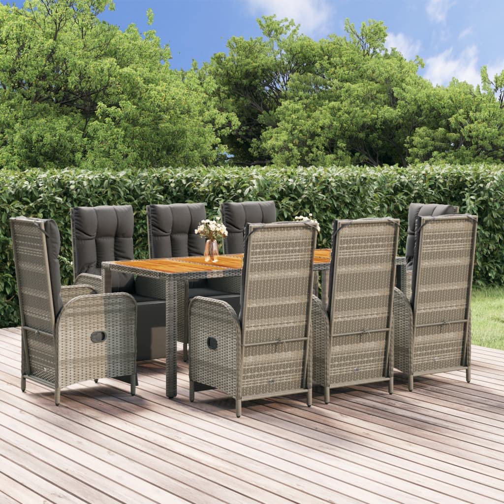 vidaXL 9-Piece Outdoor Garden Patio Dining Furniture Set with Reclining Chairs, Cushions, and Solid Acacia Wood Tabletop for Family Gatherings and Parties - Weather-Resistant Gray Poly Rattan