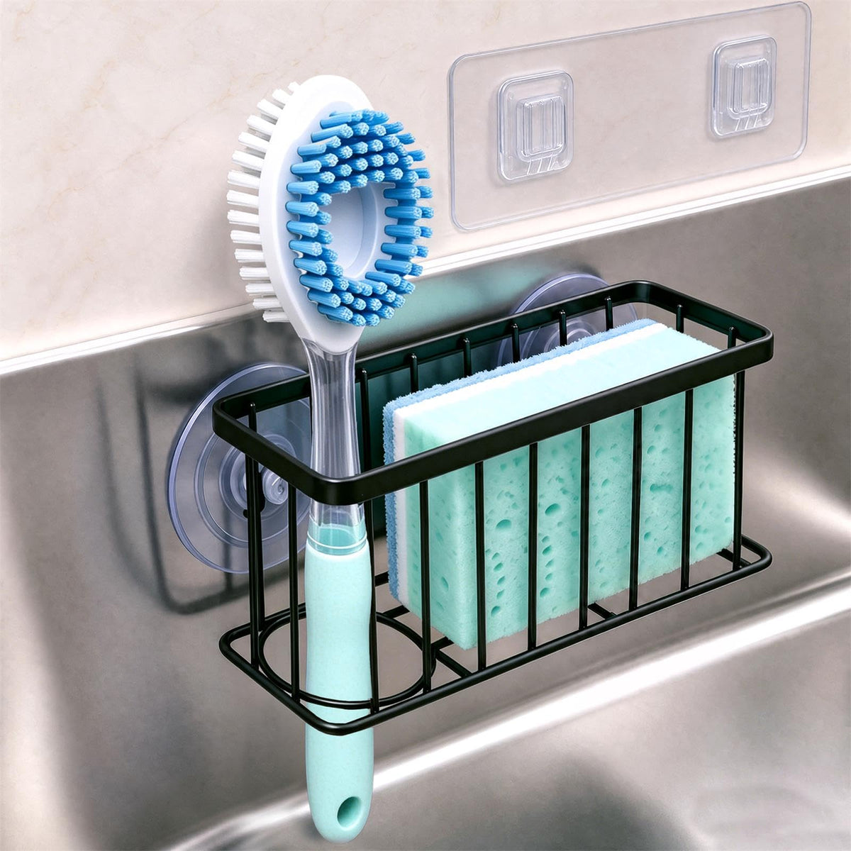 Vanwood Sponge Holder for Kitchen Sink with Strong Suction Cups/Adhesive Strips, Rustproof Compact Size Sink Caddy Organizer for