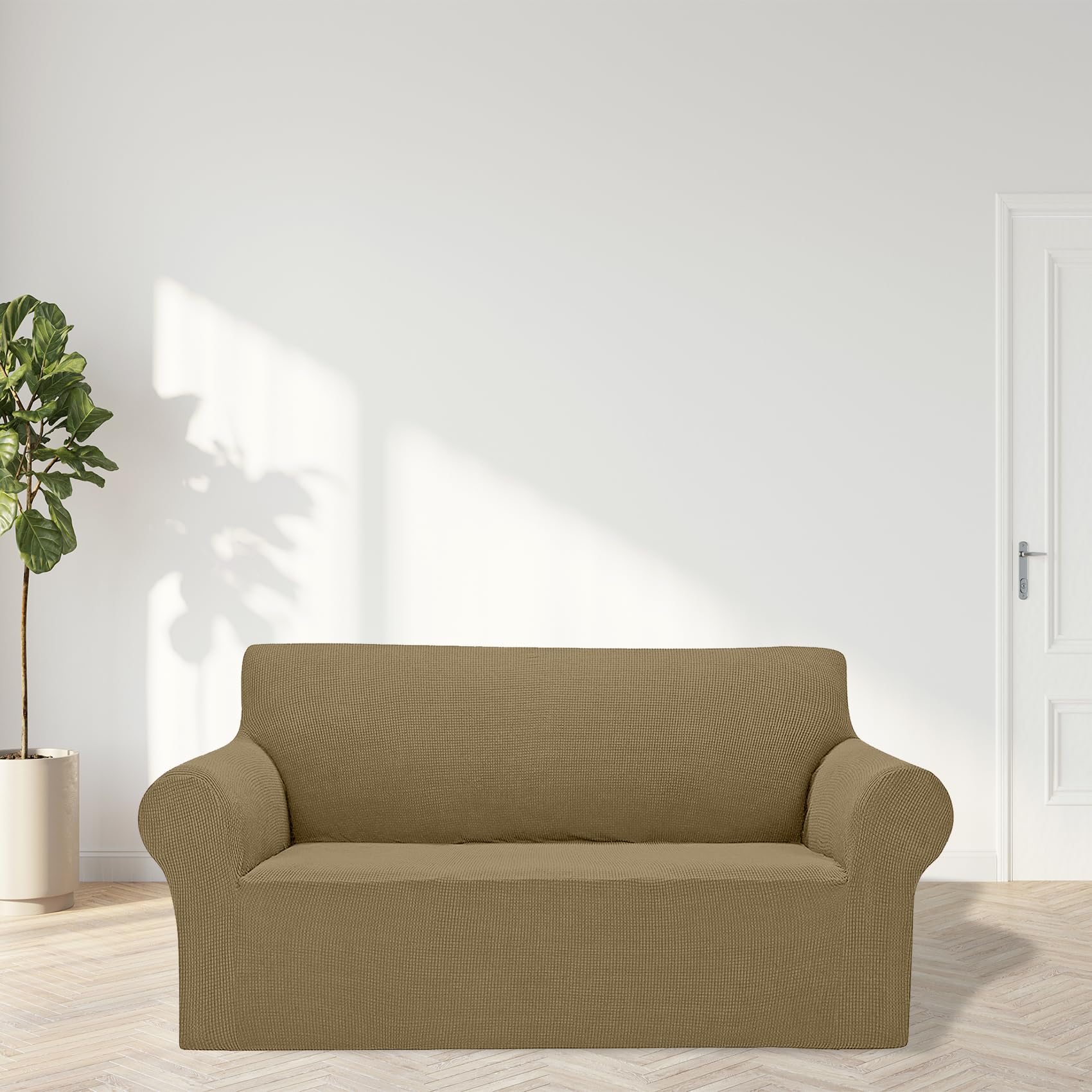 2025 New Stretch Loveseat Sofa Slipcovers Couch Cover For 2 Cushion Furniture Protector Sofa Covers With Elastic Bottom Jacquard Fabric Small Checks For Pets, Kids - Tan