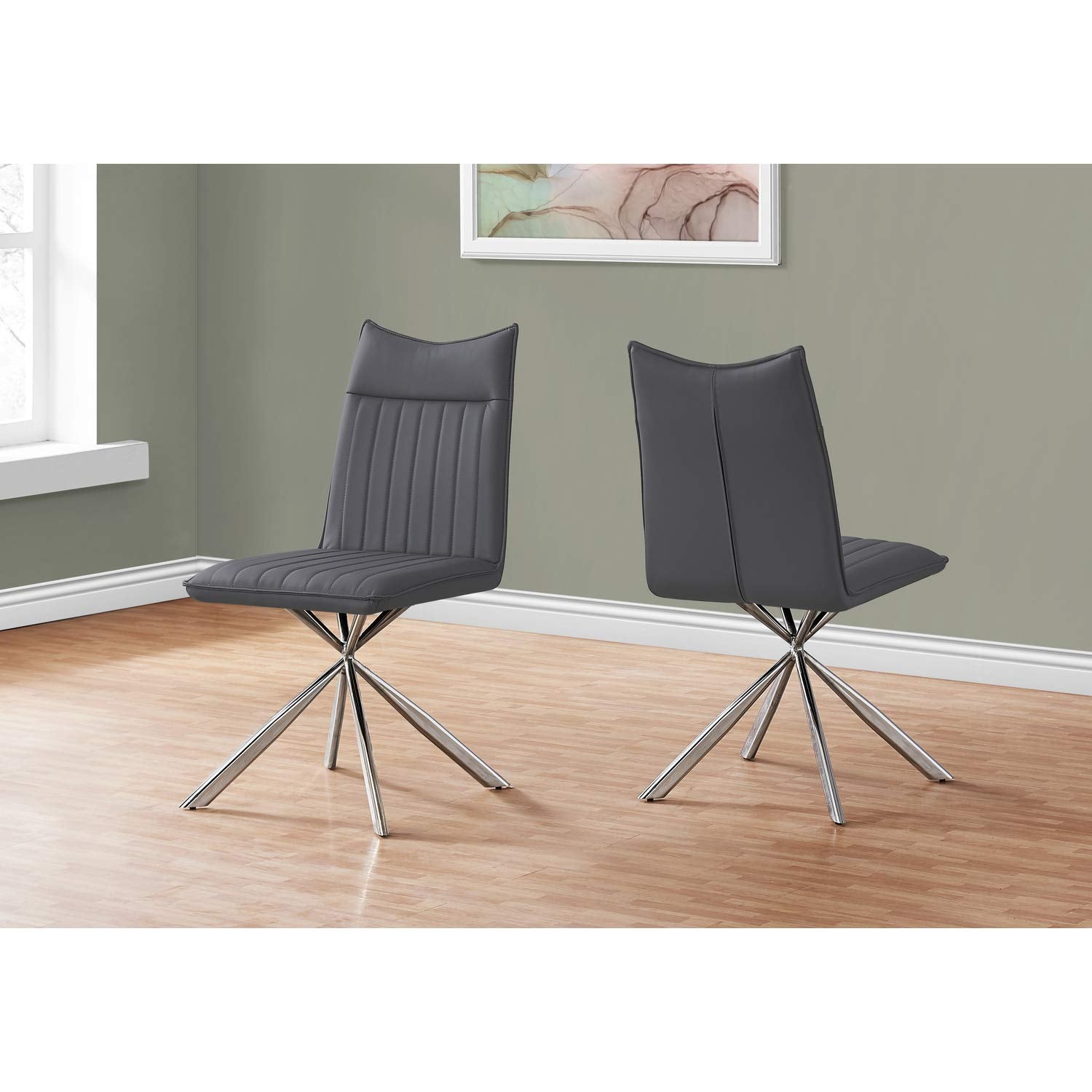 Monarch Specialties 1214, Set Of 2, Side, Upholstered, Kitchen, Room, Pu, Contemporary, Modern Dining Chair, 18.5&quot; L X 23.50&quot; W X 36.25&quot; H, Grey Leather-Look/Chrome Metal