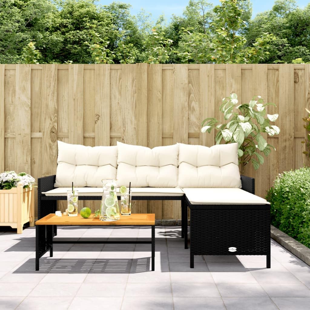 vidaXL L-Shaped Patio Sofa Set - Black Poly Rattan Outdoor Furniture with Acacia Wood Table and Cream White Cushions