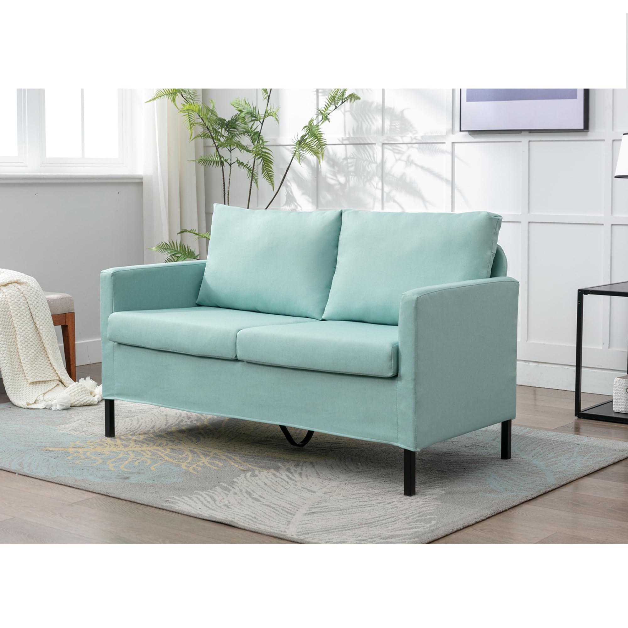 Tyboatle 51' W Linen Fabric Upholstered Modern Loveseat Sofa Couch For Living Room, Love Seats 2-Seater Furniture W/Iron Legs For Compact Space, Apartment, Bedroom, Dorm, Office, Aqua Blue