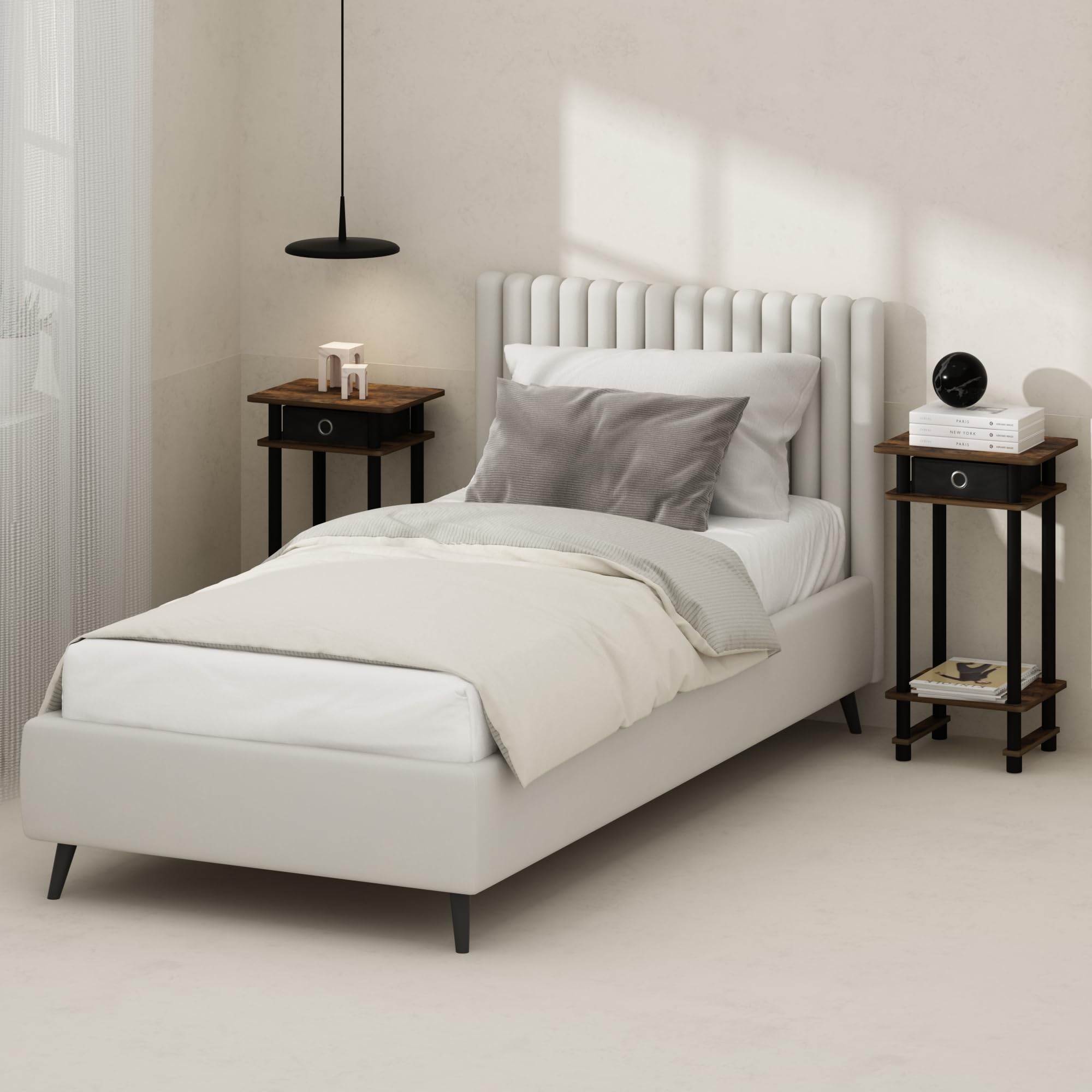 Furinno Turn-N-Tube Tall Nightstand With Bin, 1-Pack, Plastic Poles, Amber Pine/Black