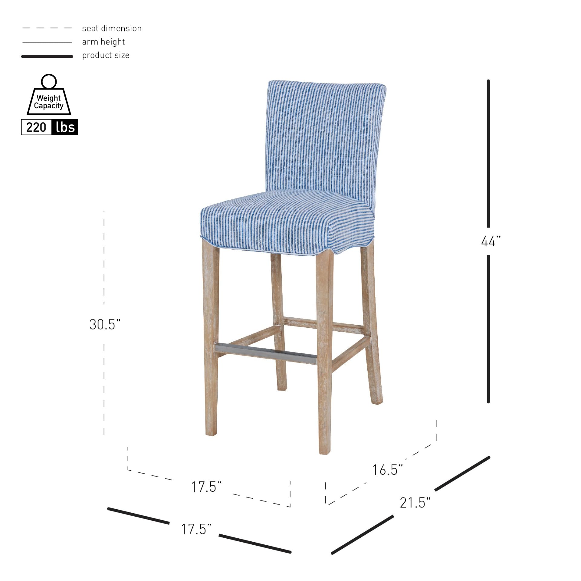 New Pacific Direct Milton Fabric Chair,Natural Solid Wood Legs,Blue Stripes,Set Of 2