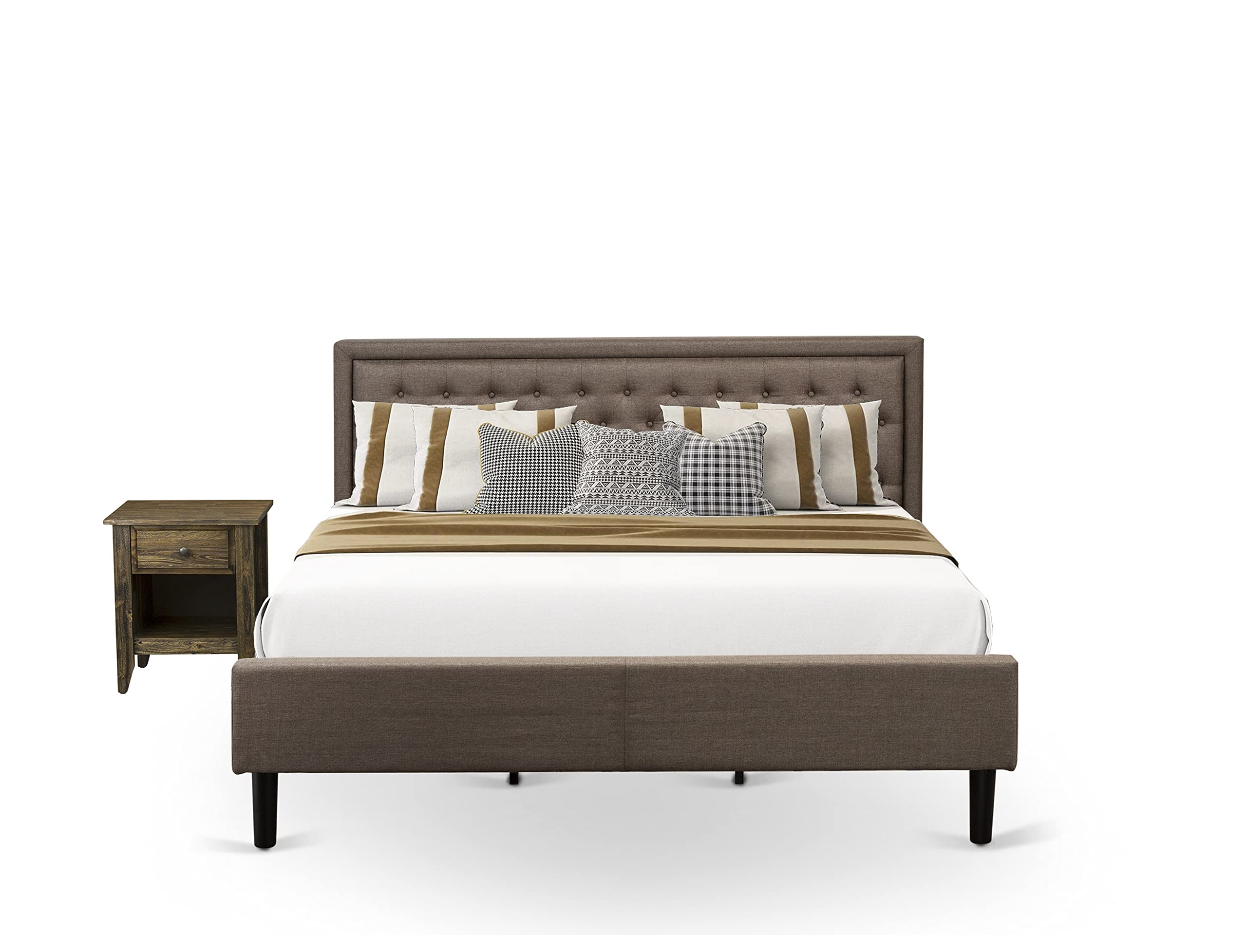 East West Furniture KD18K-1GA07 2 Piece King Bedroom Set - 1 Bed Frame Brown Linen Fabric Padded and Button Tufted Headboard with 1 Mid Century Nightstand - Distressed Jacobean Finish Nightstand