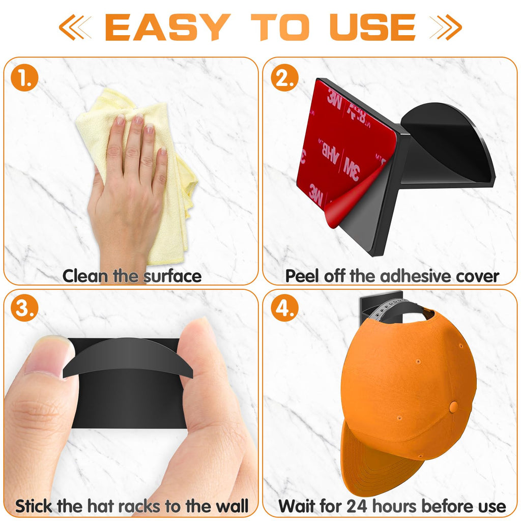 Qteeyou Adhesive Hat Hooks - 12PCS Black Hat Rack, No Drilling, Strong Hold, Minimalist Design, Wall Organizer for Caps