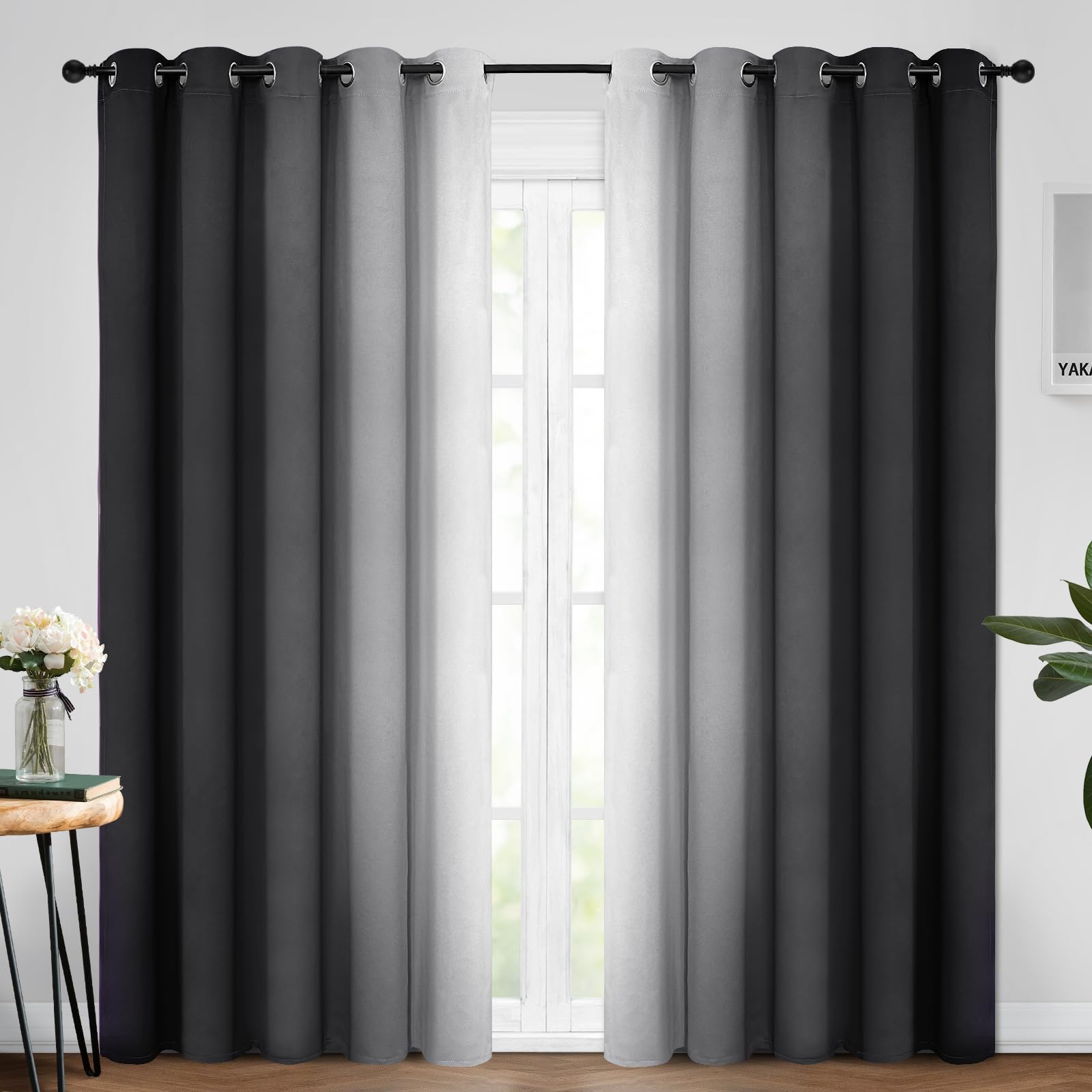 Yakamok Room Darkening Ombre Curtains 84 Inch Length, Black And Greyish White Thermal Insulated Gradient Color Curtains,Light Bl