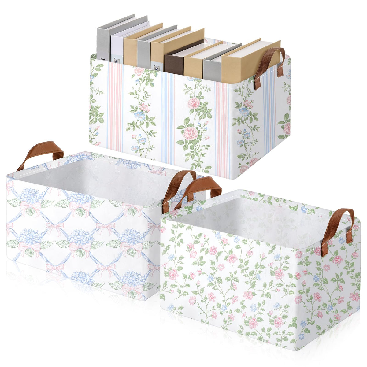Boao 3 Pcs Foldable Storage Baskets, 15x11x8 Inch, Blue Floral