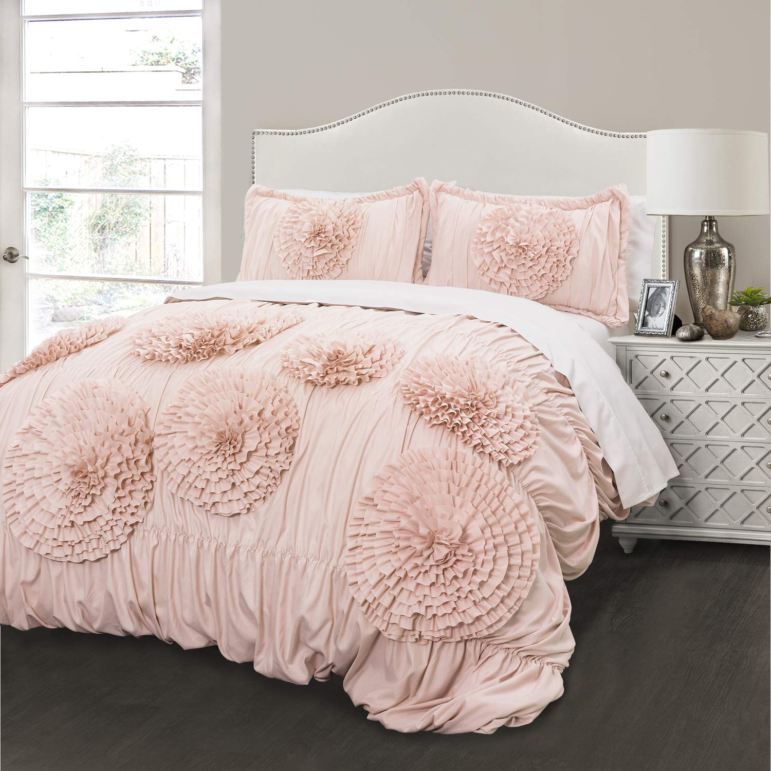 Lush Decor Serena Comforter Set, 3 Piece Set, King, Blush - Ruched Ruffled Flower Design - Romantic Ruffle Bedding Set - Vintage