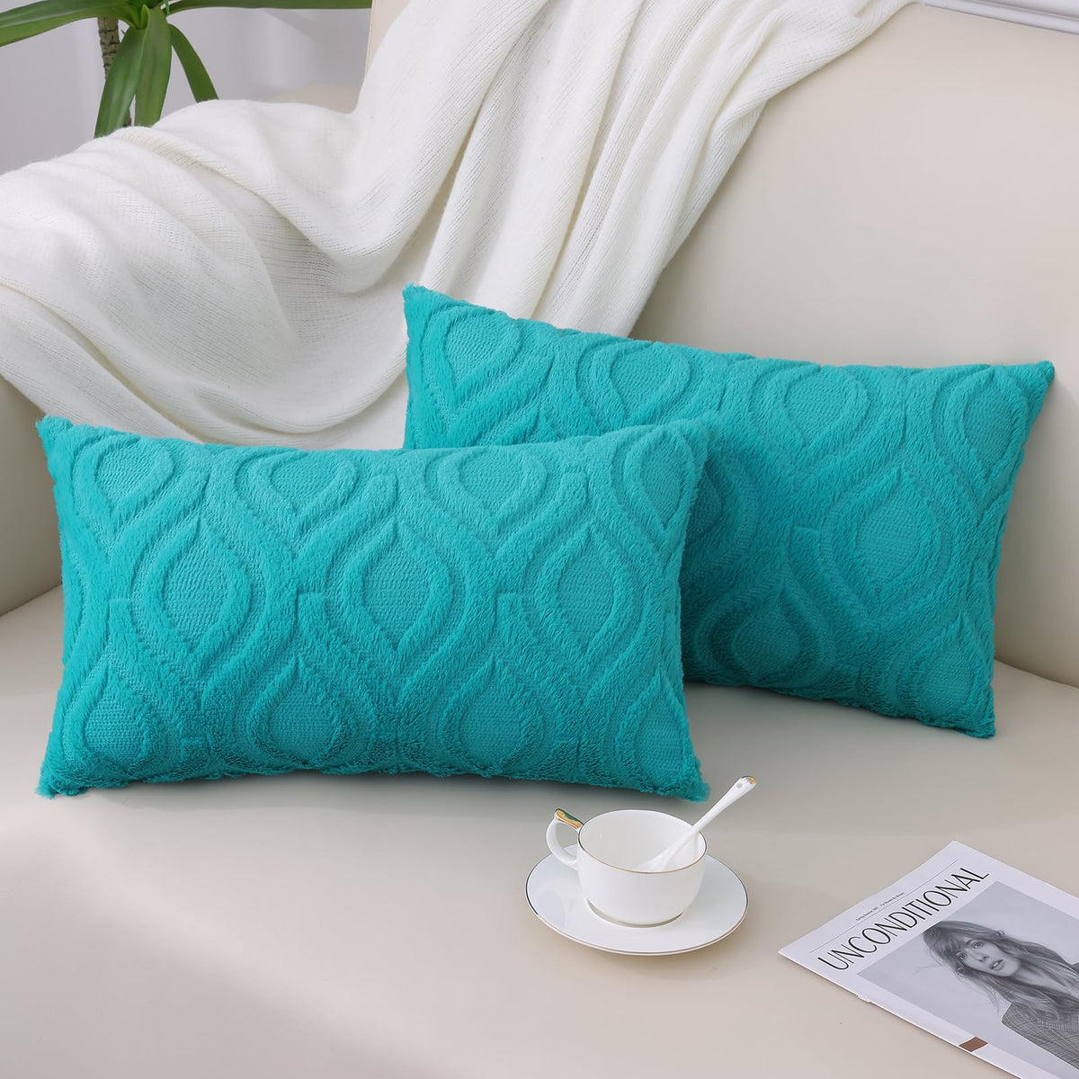 Decoruhome Decorative Throw Pillow Covers 12X20, Soft Plush Faux Wool Lumbar Couch Pillow Covers For Home, Set Of 2, Turquoise