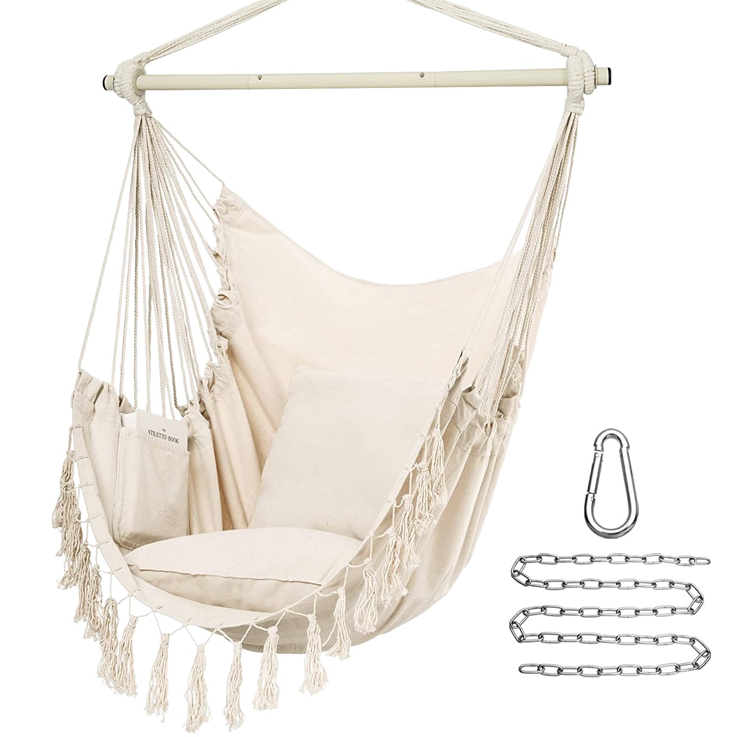 Y- Stop Hammock Chair Hanging Rope Swing, Max 500 Lbs, 2 Cushions Included, Large Macrame Hanging Chair With Pocket For Superior