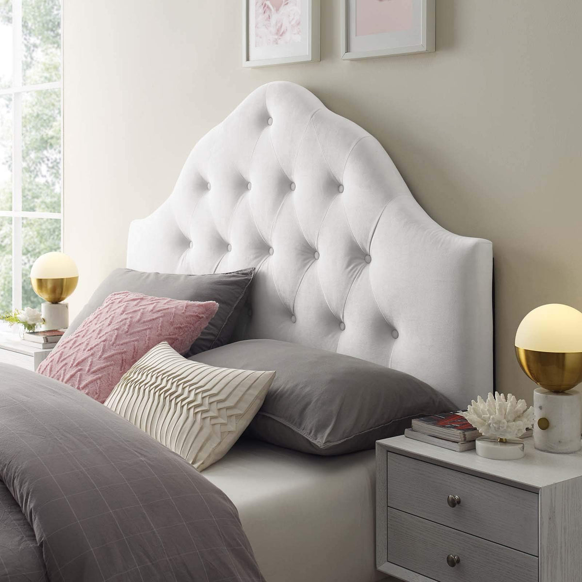 Modway Sovereign Twin Diamond Tufted Performance Velvet Headboard, White