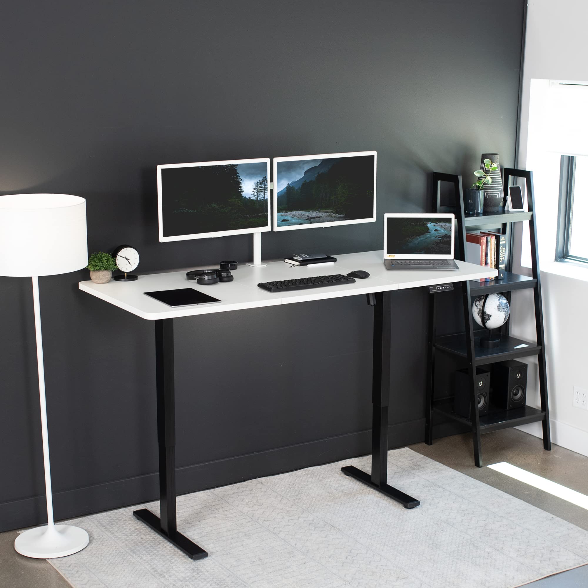 Vivo Electric Height Adjustable 71 X 30 Inch Memory Stand Up Desk, White Table Top, Black Frame, Standing Workstation With Preset Controller, 1B Series, Desk-Kit-1B7W