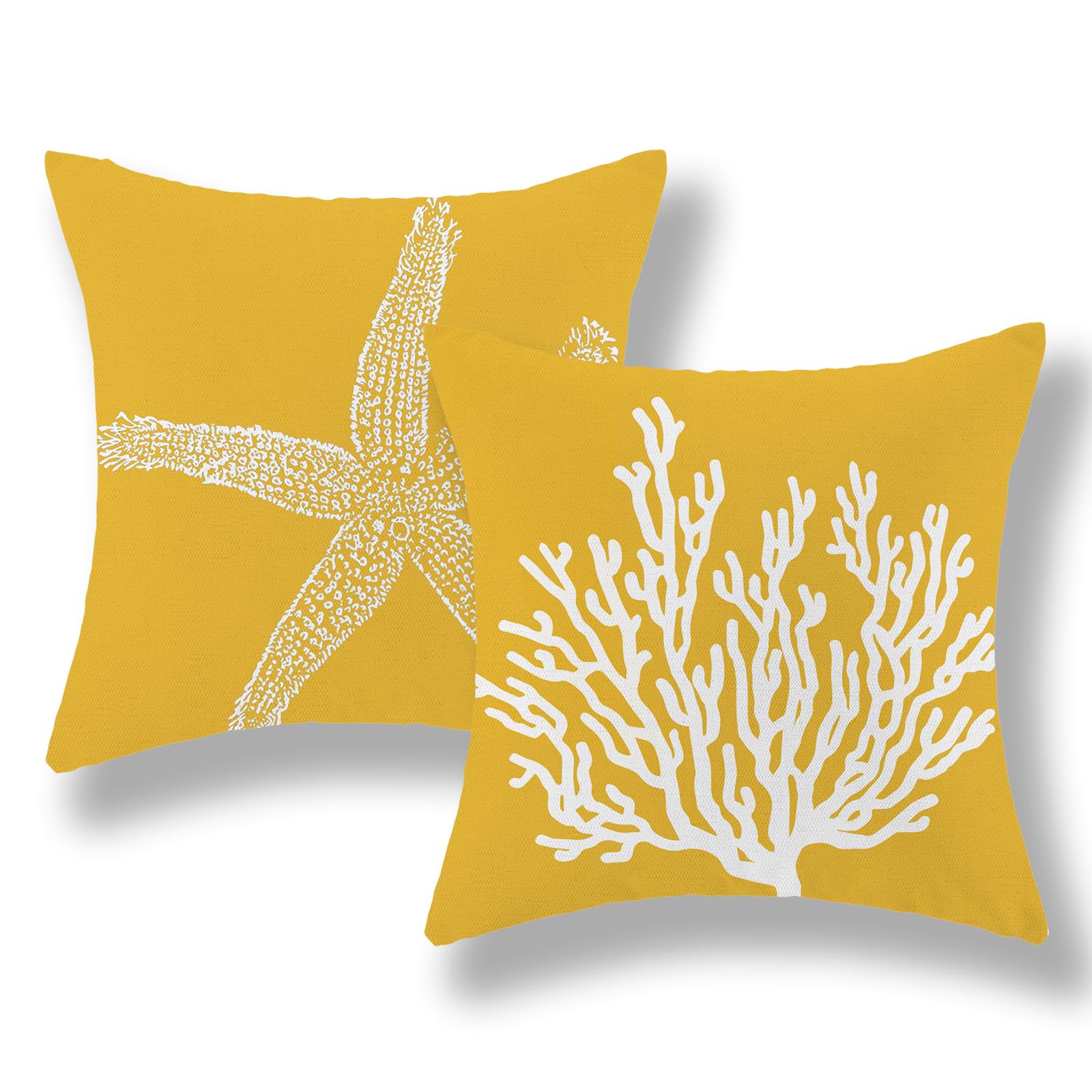 Golianda Coastal Pillow Covers 18X18 Inch Set Of 2 Yellow Coral Starfish Throw Pillows Nautical Ocean Decorations Summer Linen B