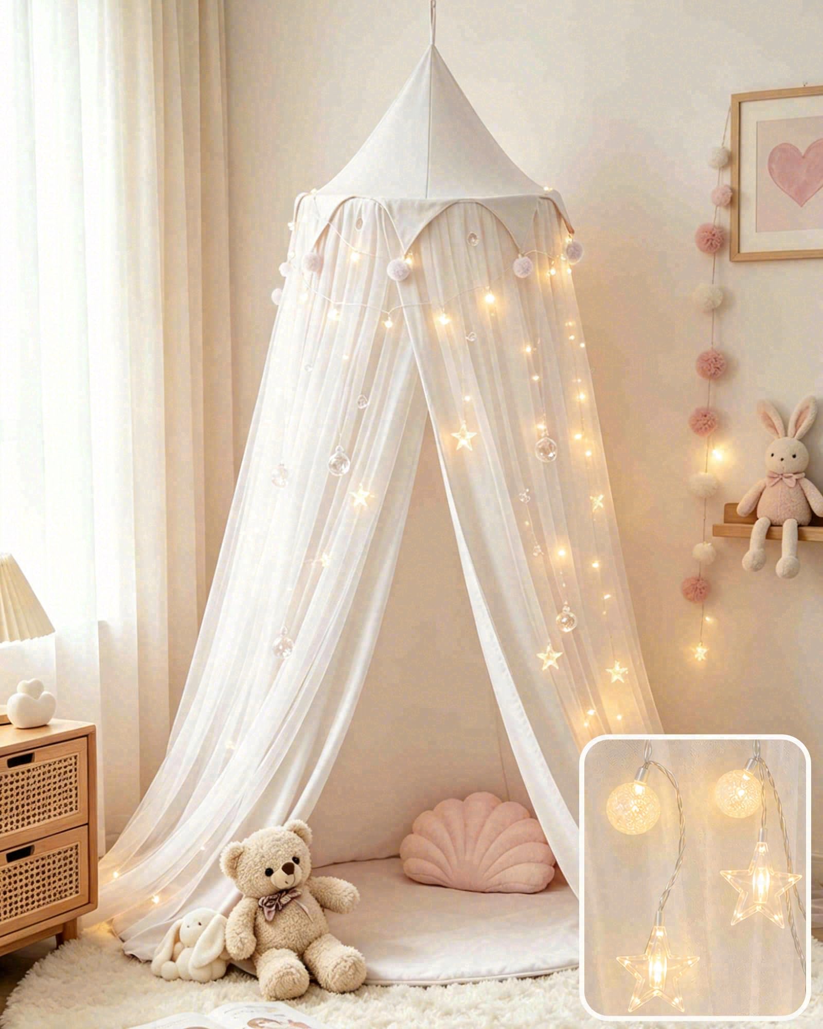 Twyvoka Bed Canopy with Star Lights, Double-Layer Princess Canopy for Girls Room Decor and Reading Nook,Easy Hanging for Twin an