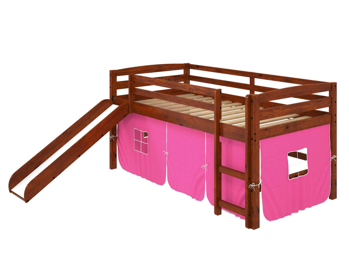 HomeRoots 41' X 81' X 46' Chocolate Solid Pine Pink Tent Loft Bed with Slide and Ladder