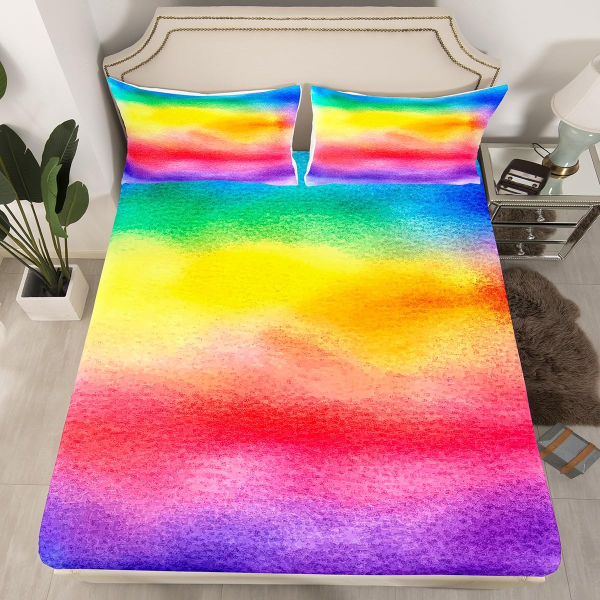 Feelyou Twin Sheet Set For Kids Girls Rainbow Stripe Bright Watercolor Soft Kids Bedding Set, 1 Flat Sheet,1 Deep Pocket Fitted Sheet, And 1 Pillow Case, Breathable, Teens Children Bedroom Decor
