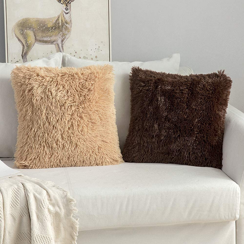 Pickkart Set Of 2 Fur Cushion Pillow Cover 16X16 Inches/ 40X40 Cm (Beige & Coffee)