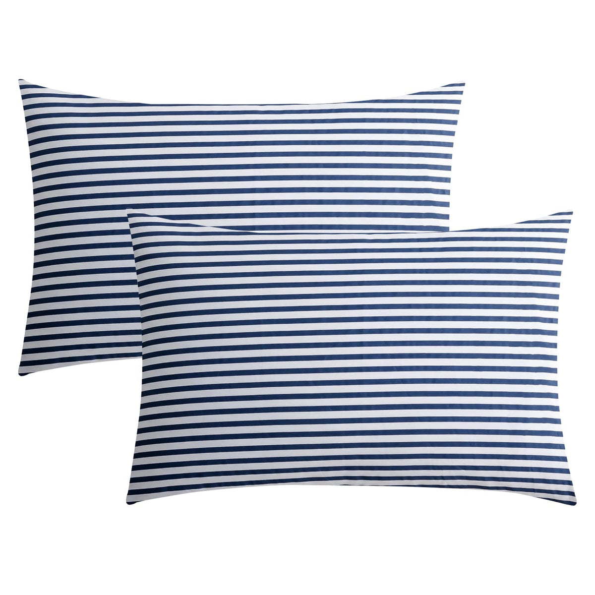 Jellymoni 100% Natural Cotton Striped Standard Pillowcases Set, 2 Pack White And Dark Blue Stripes Pattern Printed Pillow Covers