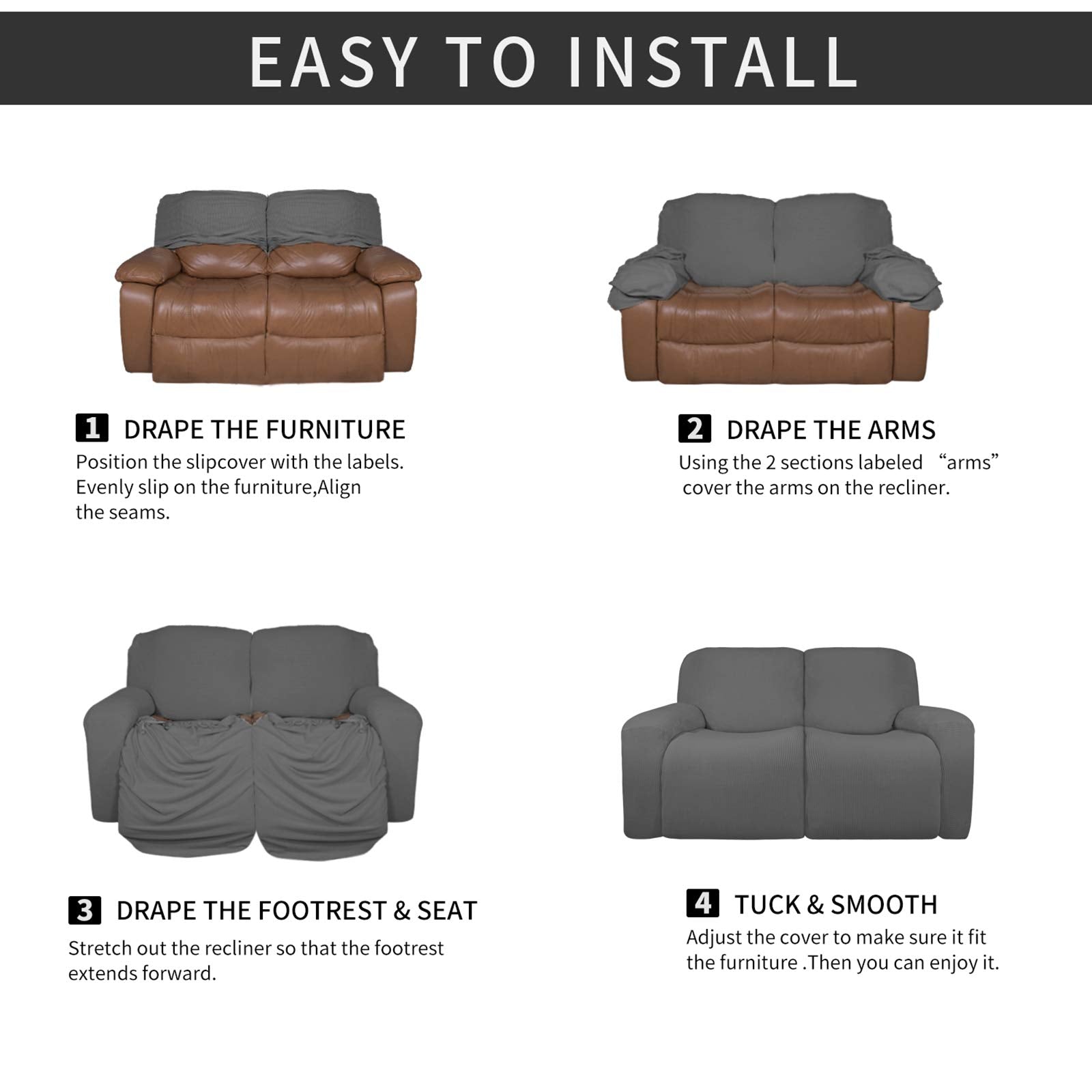 Easy-Going 6 Pieces Microfiber Stretch Sectional Recliner Sofa Slipcover Soft Fitted Fleece 2 Seats Couch Cover Washable Furniture Protector With Elasticity For Kids( Recliner Loveseat, Gray)