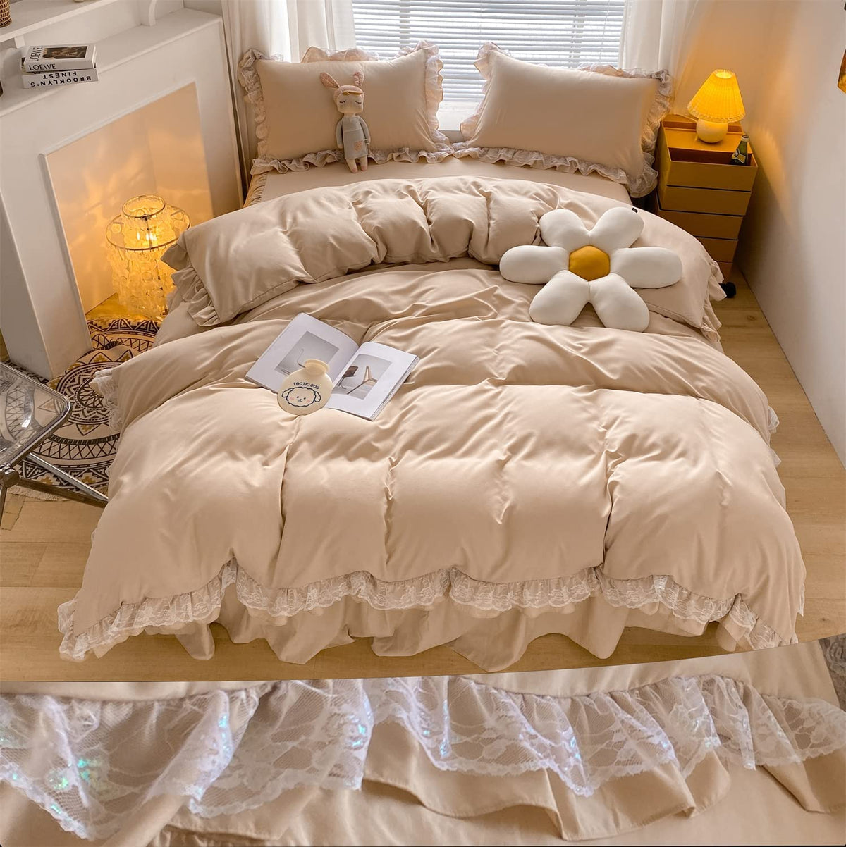 Moowoo Chic Ruffle Lace Polyester Duvet Cover Set -Girl Champagne Bedding-3 Piece Full Duvet Cover With Zipper Closure -Ultra So
