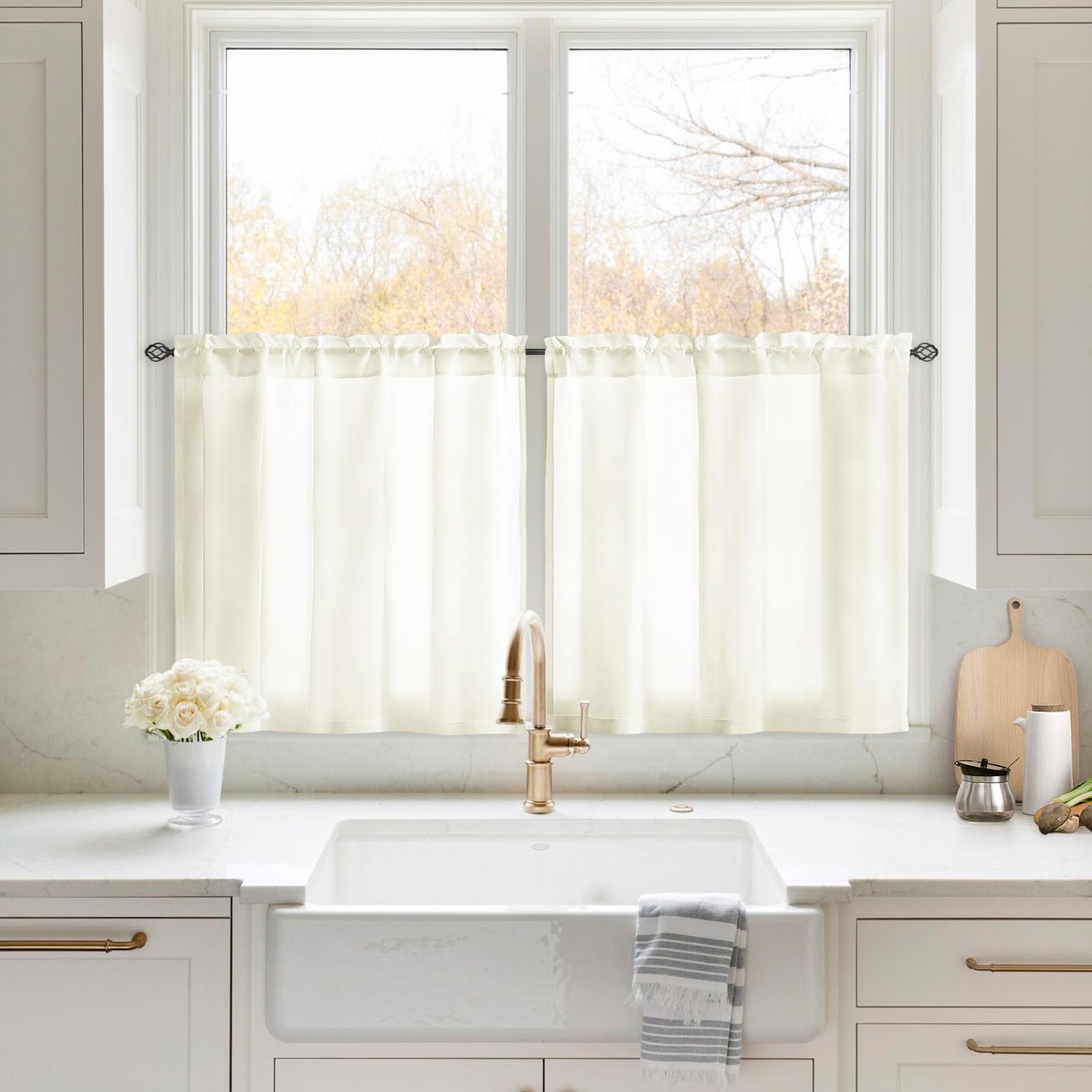 Homeideas Non-See-Through Cream Yellow Privacy Sheer Kitchen Curtains 30 X 24 Inches Long 2 Panels Short Sheer Curtains Light Filtering Bathroom Window Curtains Drapes For Bedroom Living Room