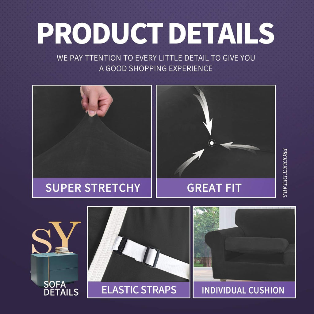 Znsayotx Luxury Velvet Sofa Cover 3 Piece (57'-70') Stretch Loveseat Covers For 2 Cushion Couch Thick Soft Couch Slipcover With Non Slip Strap, Dog Pet Friendly Nice Furniture Protector (Black)