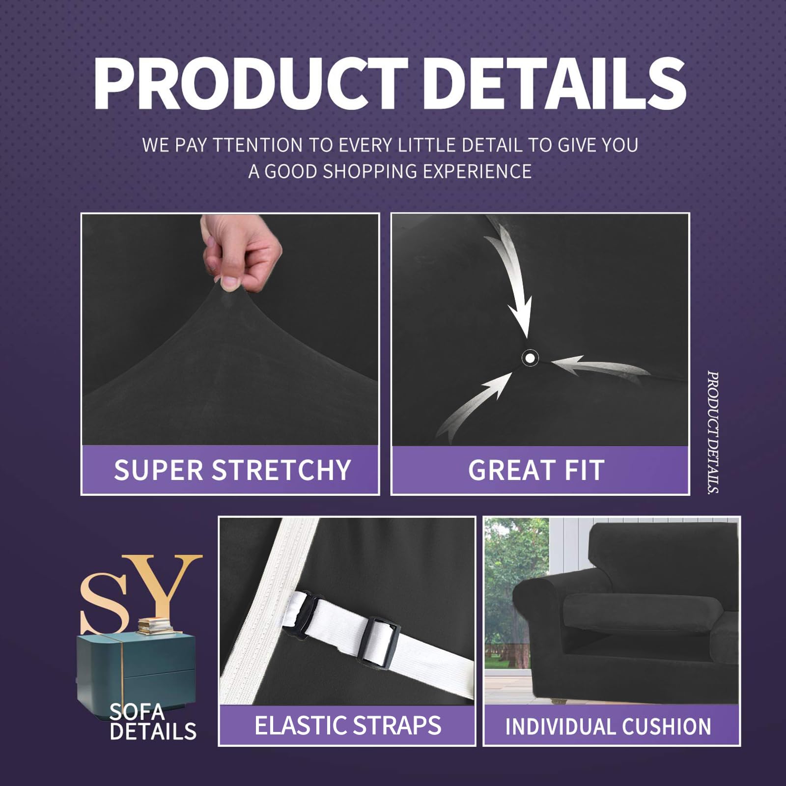 Znsayotx Luxury Velvet Couch Cover 4 Piece Stretch Oversized Sofa Covers For 3 Cushion Couch Thick Soft Large Sofa Slipcover Anti Slip Dogs Pet Furniture Protector (Black),91'-110'(3 Cushions)