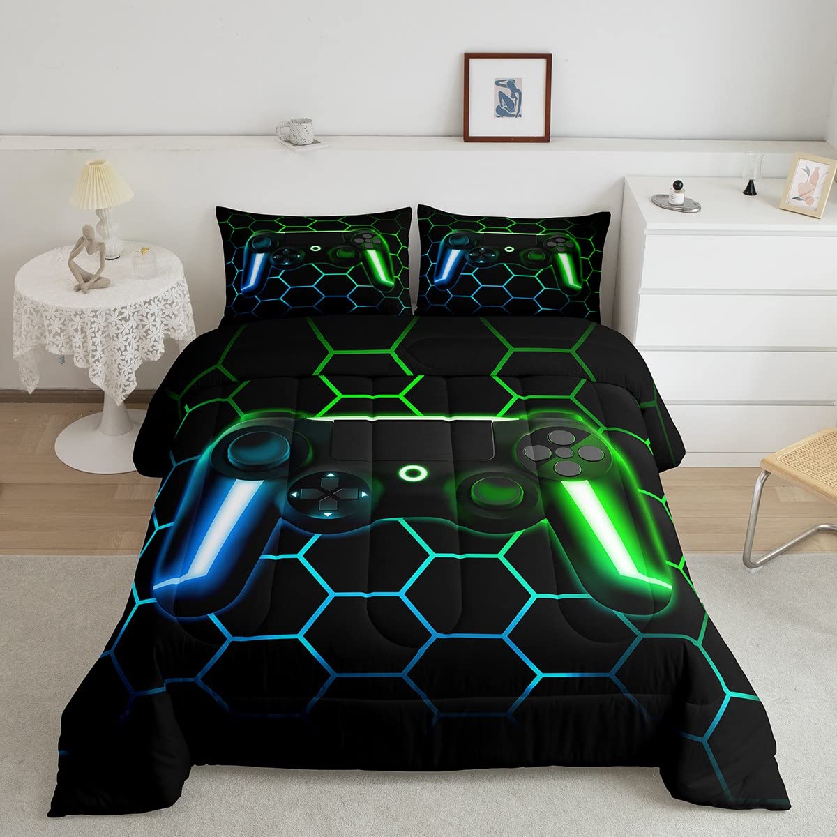 Gamer Comforter Sets For Boys Gaming Bedding Sets All Season,Glitter Goemetric Honeycomb Hexagon Down Comforter Full Bedroom Dec