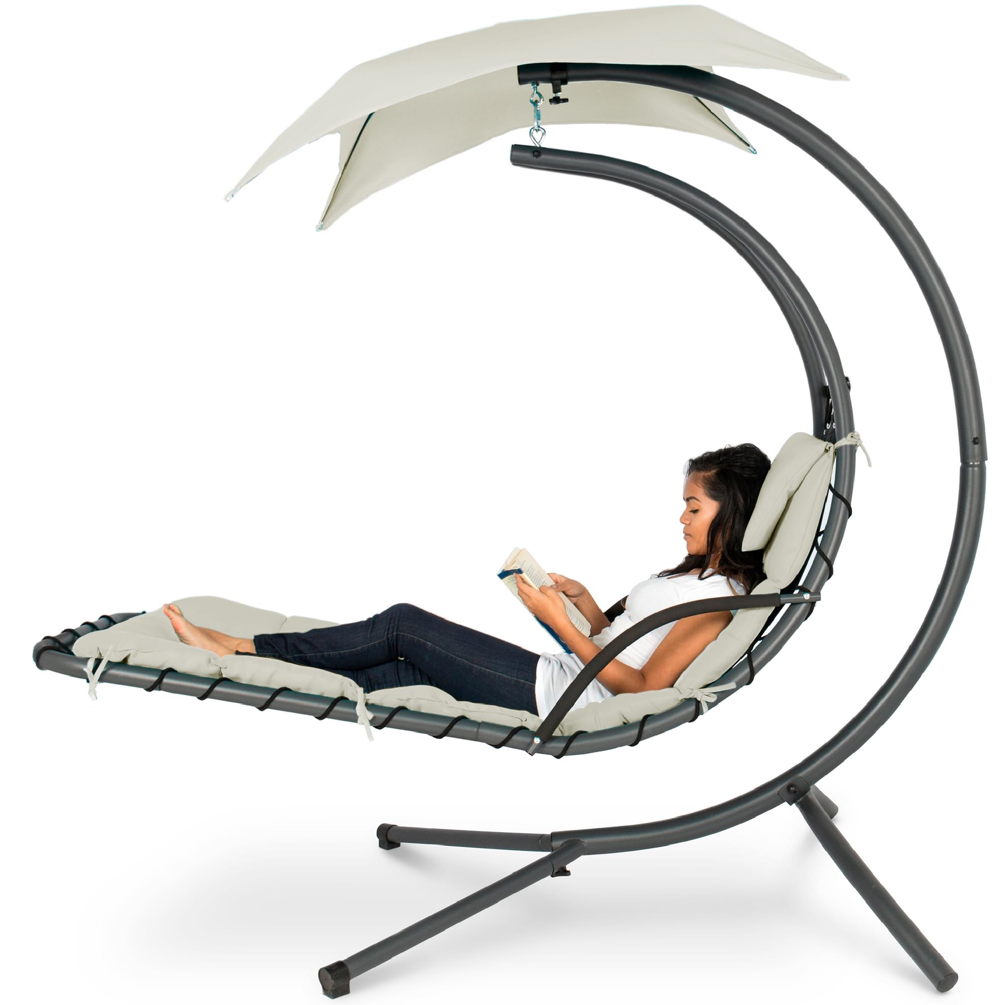 Best Choice Products Outdoor Hanging Curved Steel Chaise Lounge Chair Swing w/Built-in Pillow and Removable Canopy - Ivory
