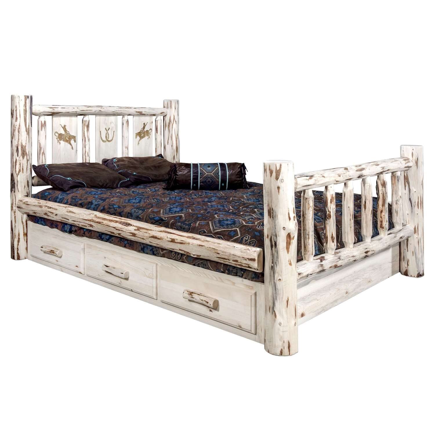 Montana Woodworks Bronc Design Storage Engraved Bed in Clear Lacquer Finish (Queen: 94 in. L x 66 in. W x 47 in. H (345 lbs.))