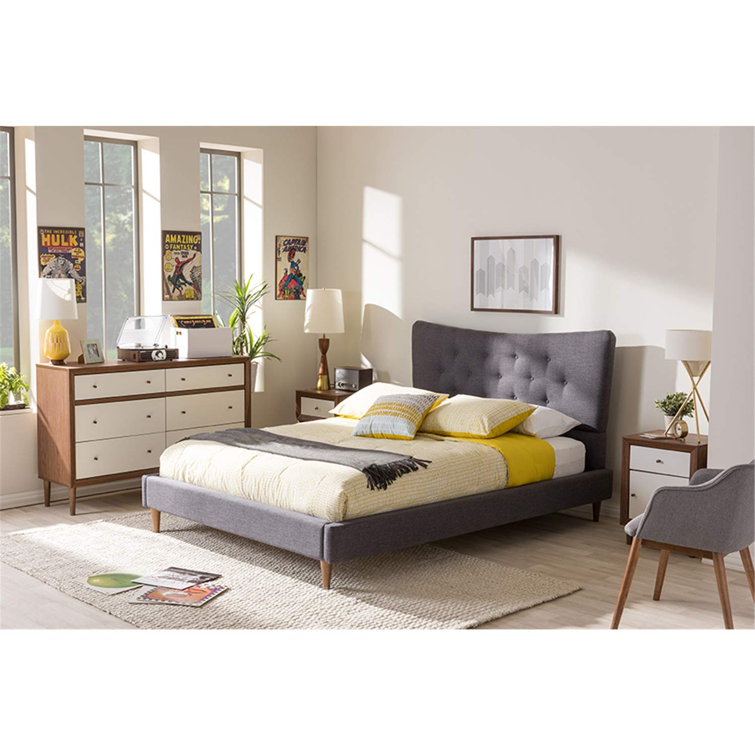 Baxton Studio Hannah Mid-Century Platform Bed Queen/Dark Grey