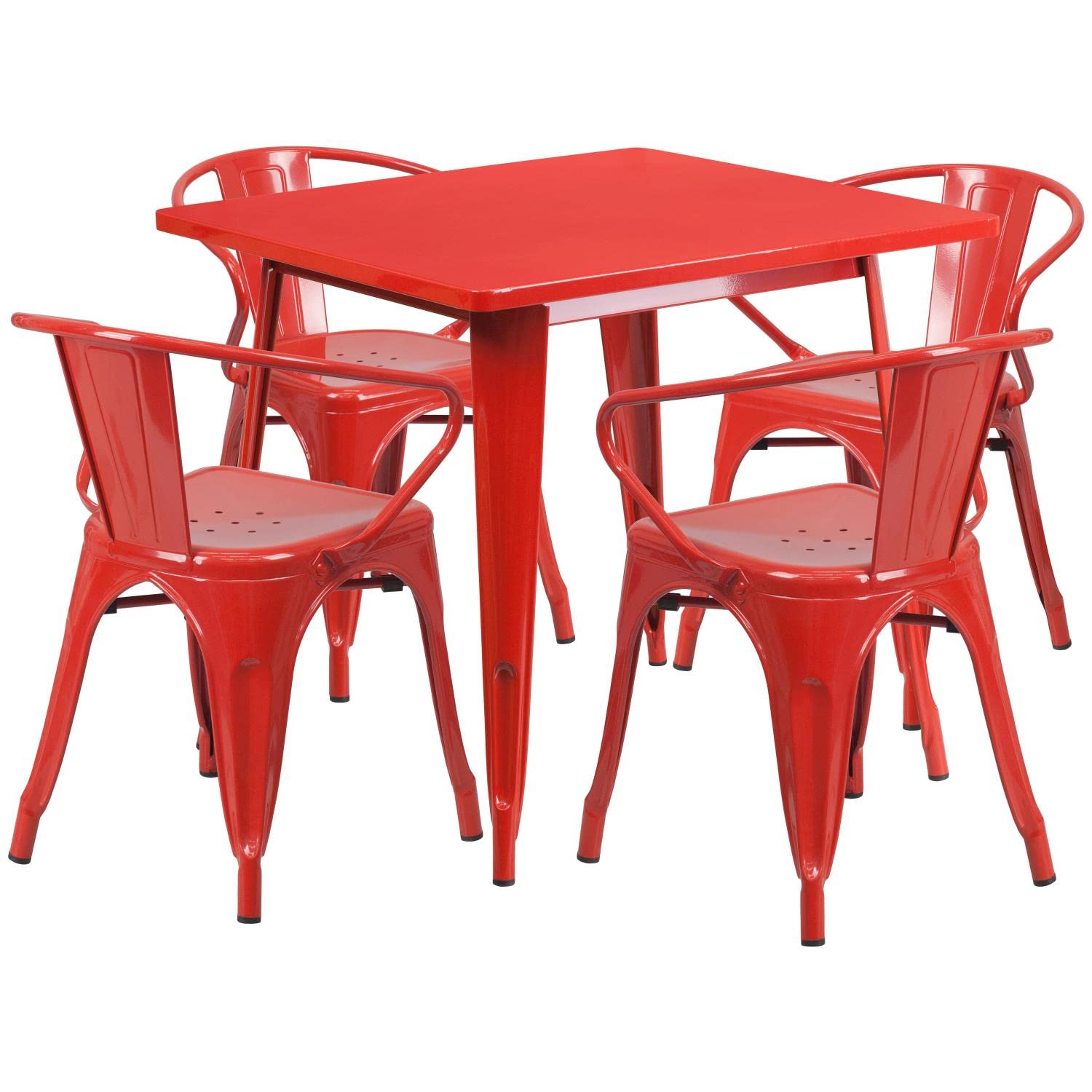 Flash Furniture Commercial Grade 31.5&quot; Square Red Metal Indoor-Outdoor Table Set with 4 Arm Chairs
