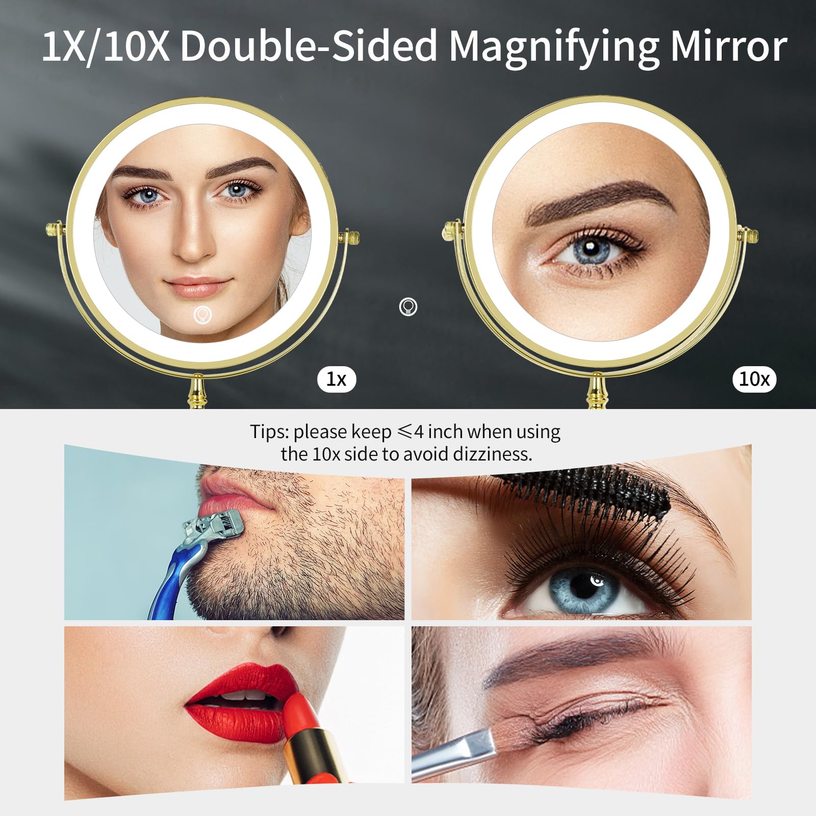 Dowry Rechargeable Lighted Makeup Mirror 10X Magnification Vanity Mirror Tabletop Two-Sided Swivel Gold Finish