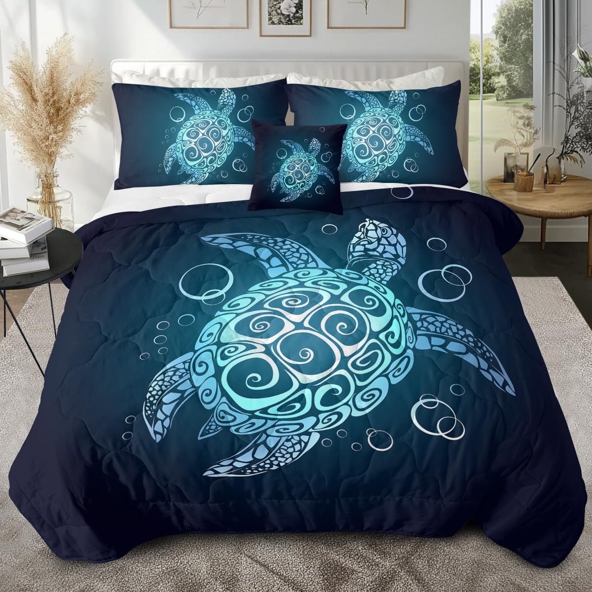 Sleepwish Teal Turquoise Comforter Set Queen Size For Boys Girls 4 Piece Beach Theme Bedding Set Soft Green Sea Turtle Bed Set