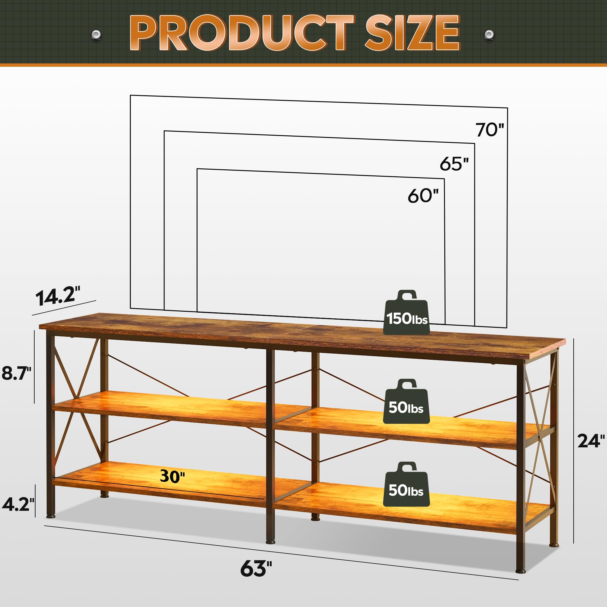 Wlive Tv Stand Up To 70 Inch Tv, 63' Entertainment Center With Led, Tv Media Console With 3-Tier Storage Shelves For Living Room And Bedroom, Rustic Brown