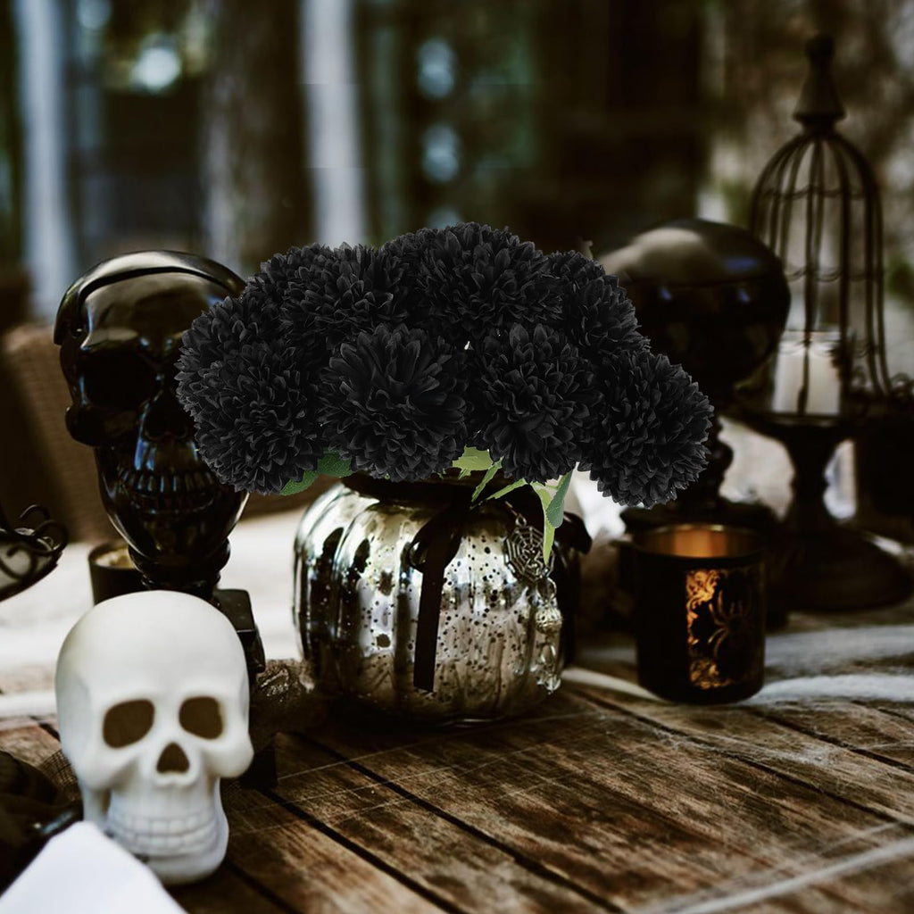 Hananona 12 Pcs Artificial Chrysanthemums Flowers Ball Flowers, Fake Mums Flowers Black Silk Plants For Ghothic Home Decor Indoo