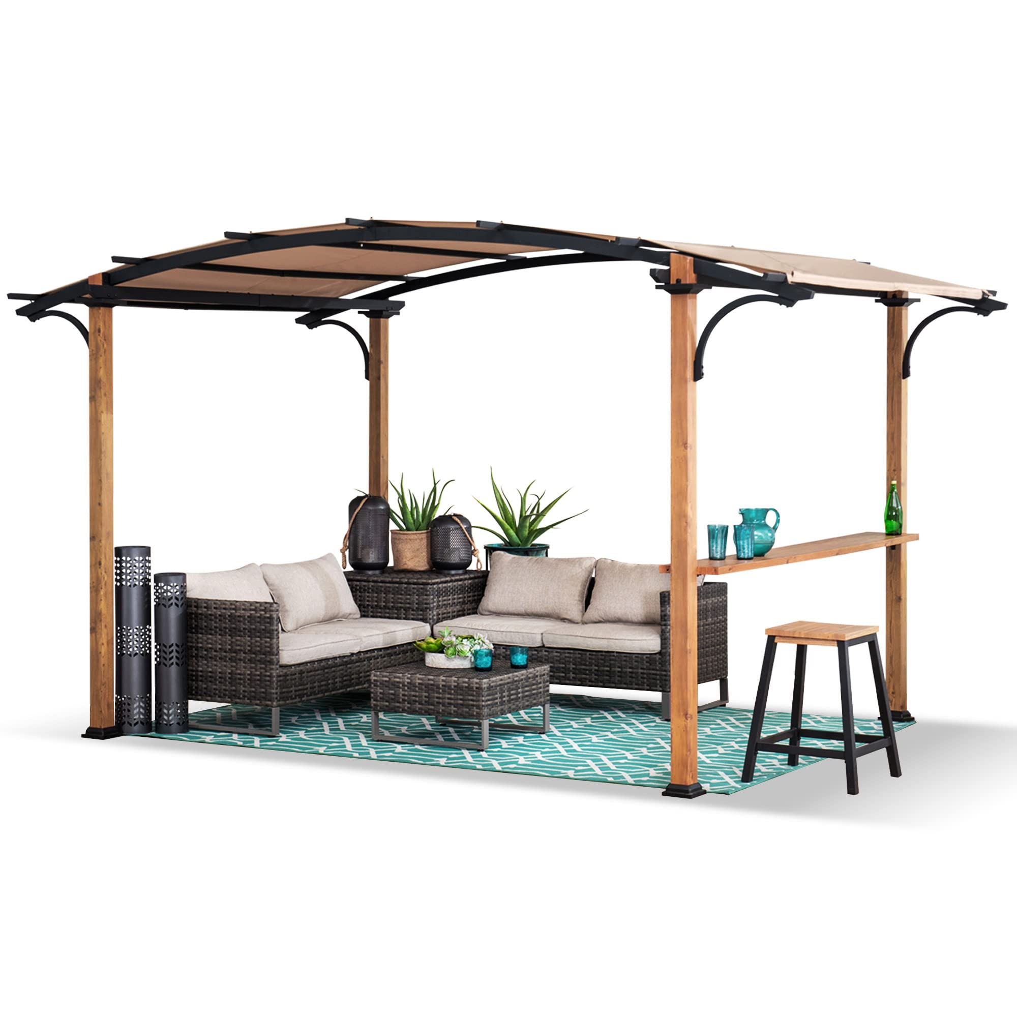 Sunjoy Outdoor Pergola 8.5 x 13 ft. Steel Arched Pergola with Tan Weather-Resistant Fabric Canopy for Patio, Backyard, Garden Ac