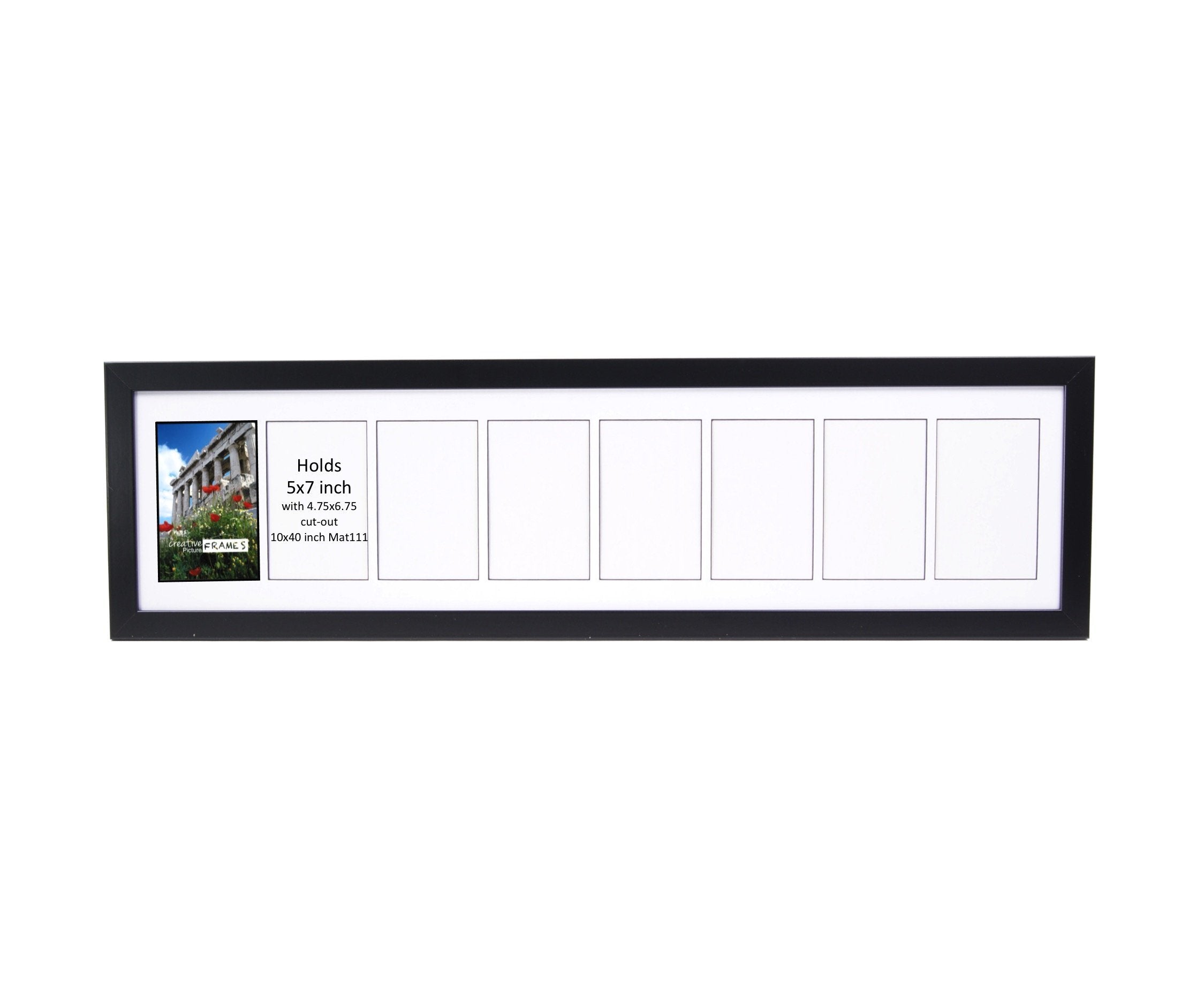 CreativePF- 8 Opening Glass Face Black Picture Frame to hold 5 by 7 inch Photographs including 10x40-inch White Mat Collage