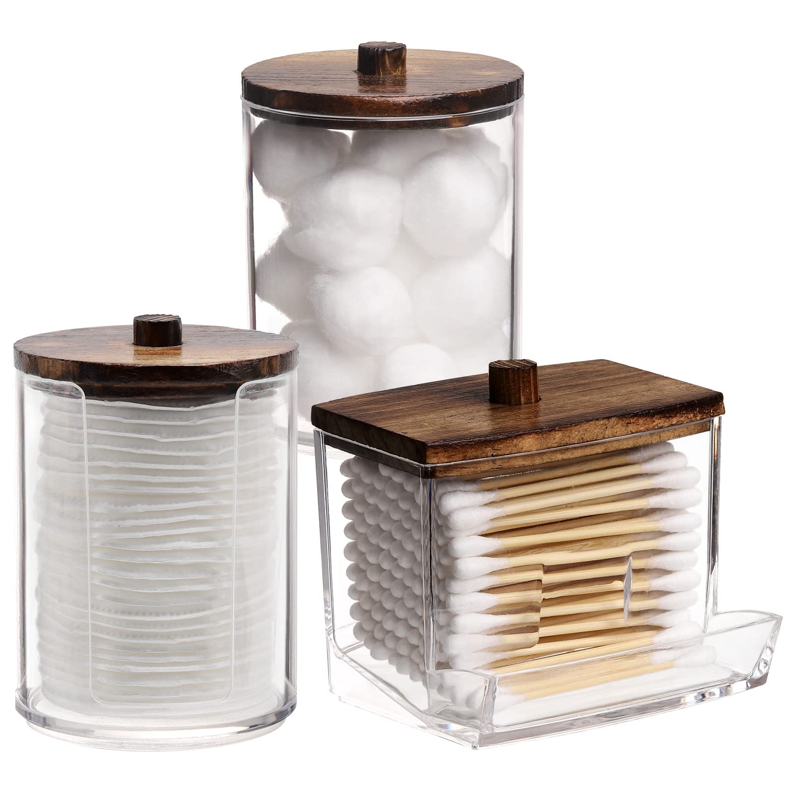 Tbestmax Bathroom Organizer Accessories Set-10 OZ,7 OZ Qtips Holder Storage with Wood Lids, Cotton Ball/Swabs Dispenser, Apothec