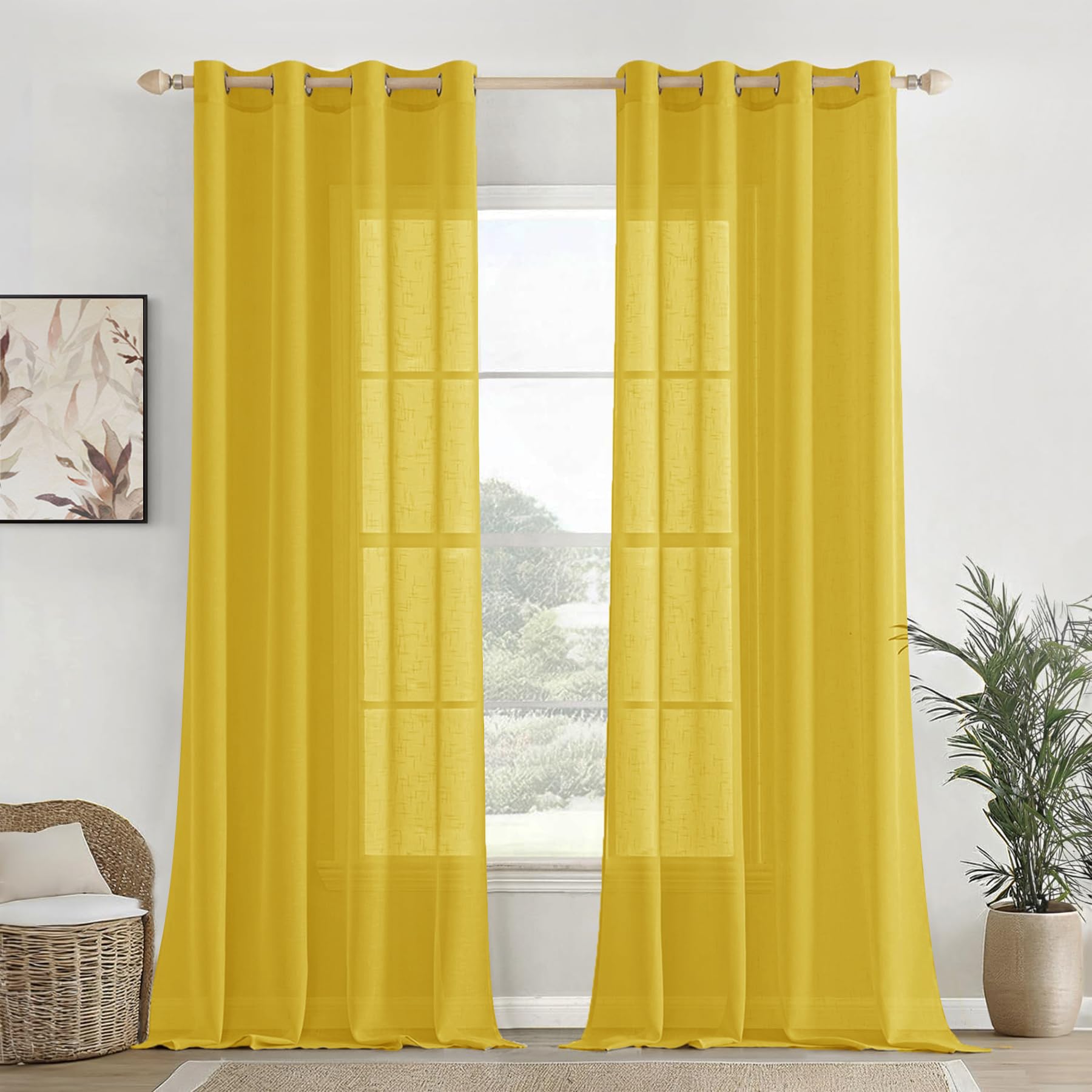 Homemonde Sheer Grommet Curtains Door 7 Feet Long Living Room Solid Curtain Pack Of 6 (7Ft X 4.5Ft Mustard)